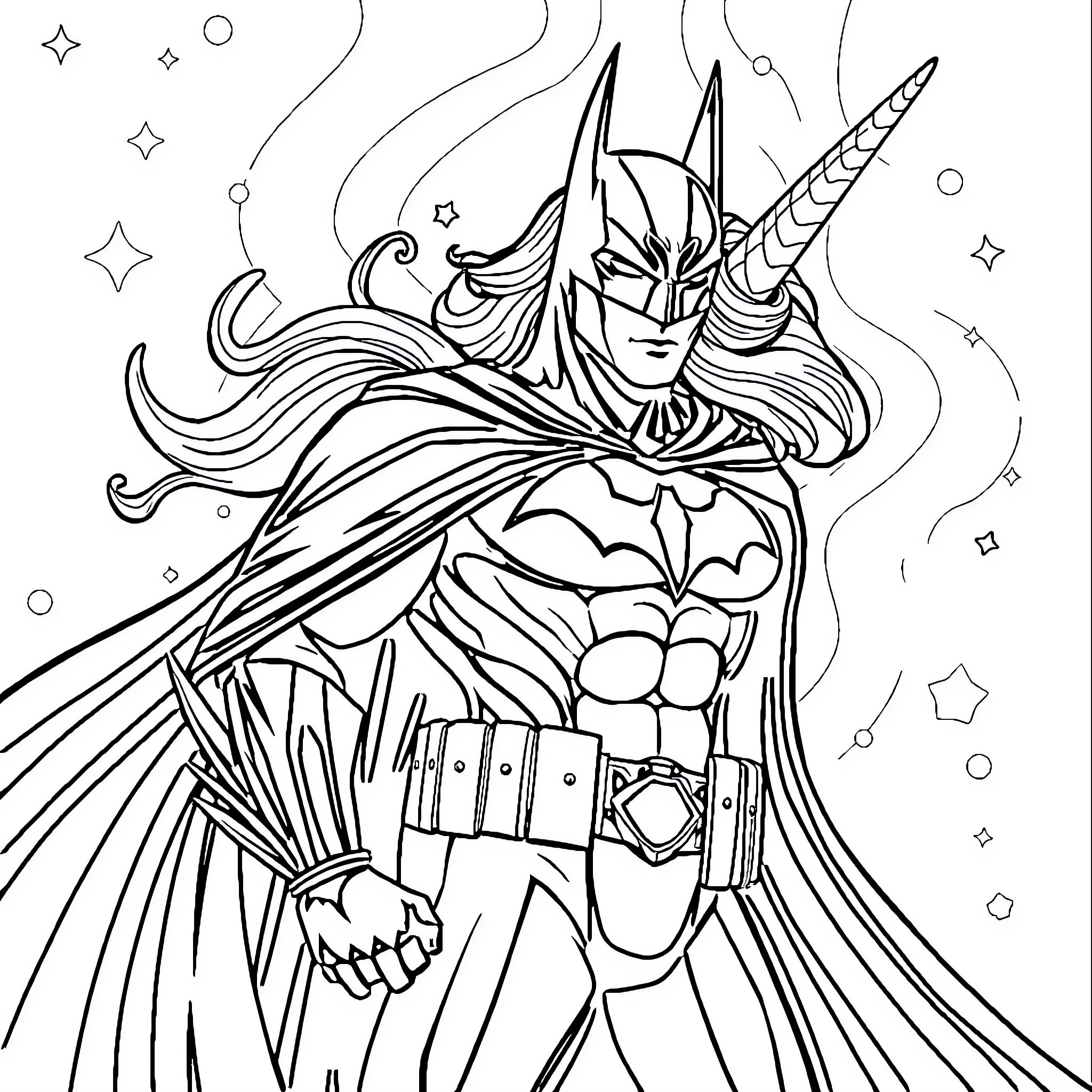 Unicorn warrior hero in action-packed scene Coloring Page (free black-and-white line drawing printable PDF for all, from beginners to advanced learners, including children, teens, adults, and seniors)