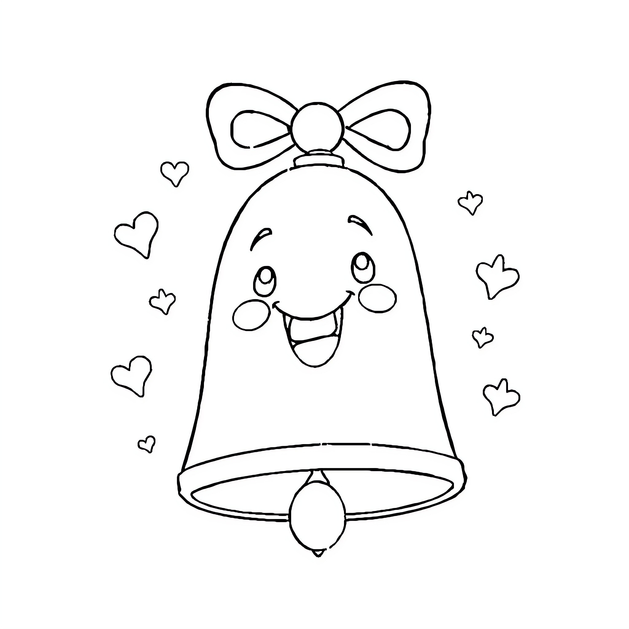 Plim Plim Happy Bell with Bow Coloring Page (free black-and-white line drawing printable PDF for all, from beginners to advanced learners, including children, teens, adults, and seniors)
