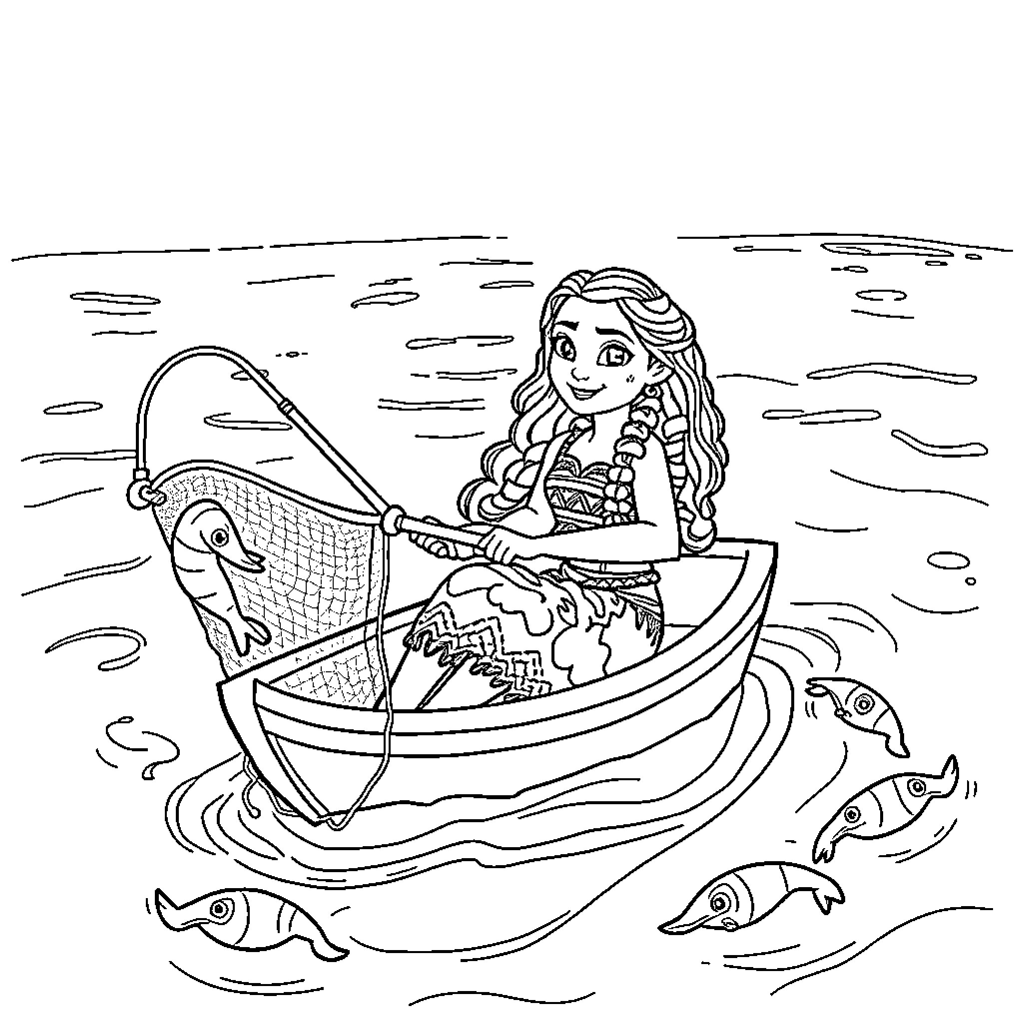 Moana fishing in the ocean with sea creatures Coloring Page (free black-and-white line drawing printable PDF for all, from beginners to advanced learners, including children, teens, adults, and seniors)