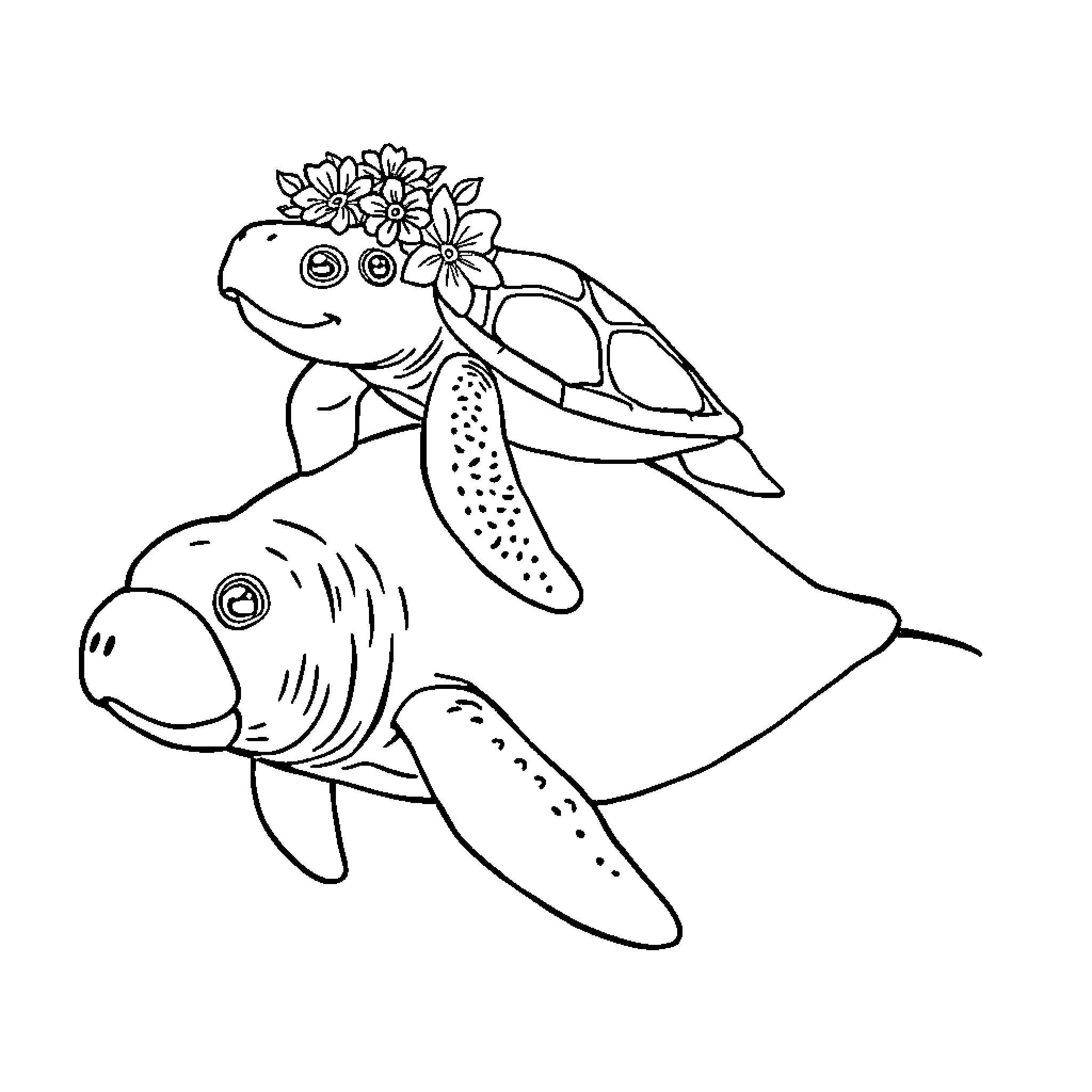 Sea Turtle Adorned with Flowers Carrying Another Sea Turtle Coloring Page (free black-and-white line drawing printable PDF for all, from beginners to advanced learners, including children, teens, adults, and seniors)