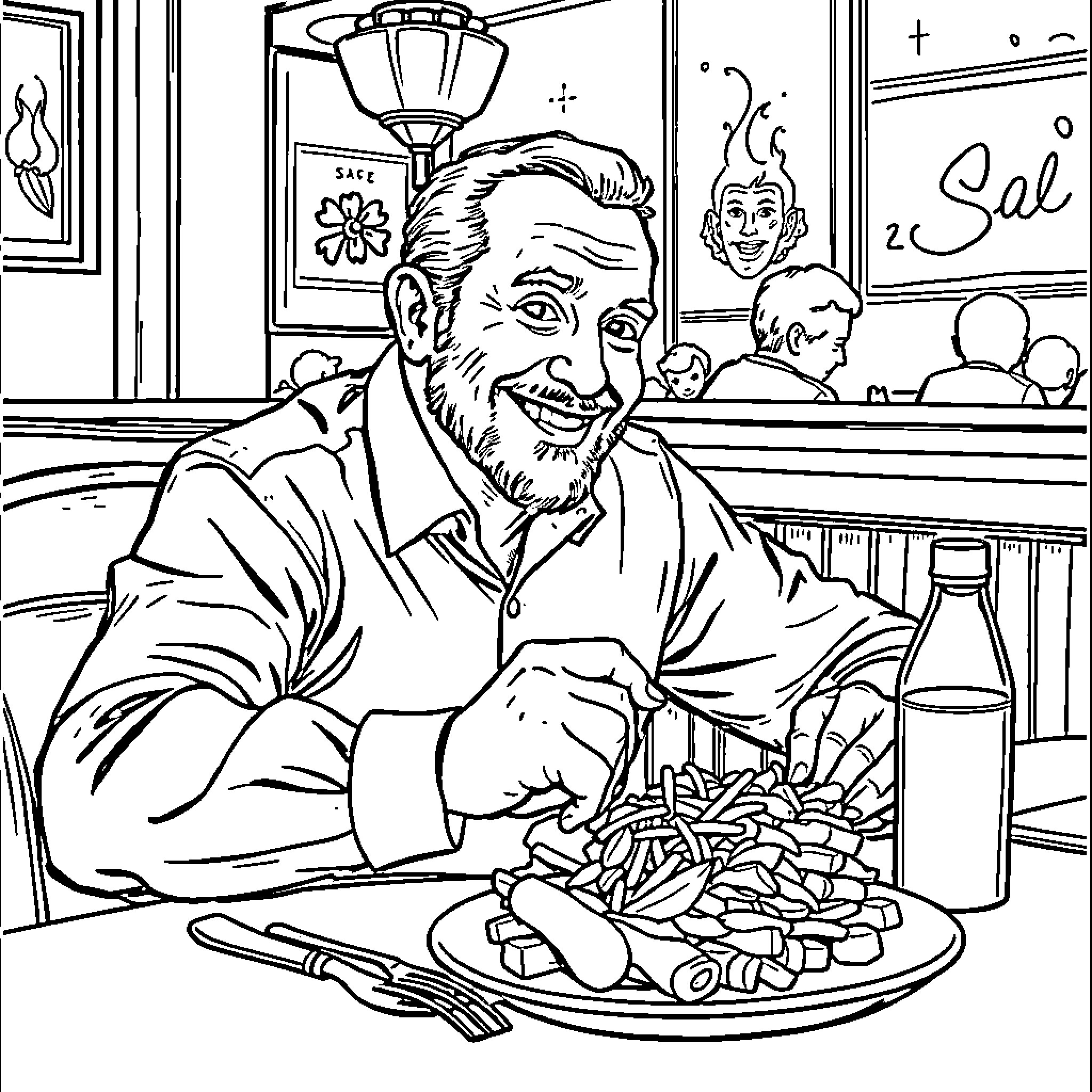 James Sullivan enjoying a hearty meal in a cozy diner Coloring Page (free black-and-white line drawing printable PDF for all, from beginners to advanced learners, including children, teens, adults, and seniors)