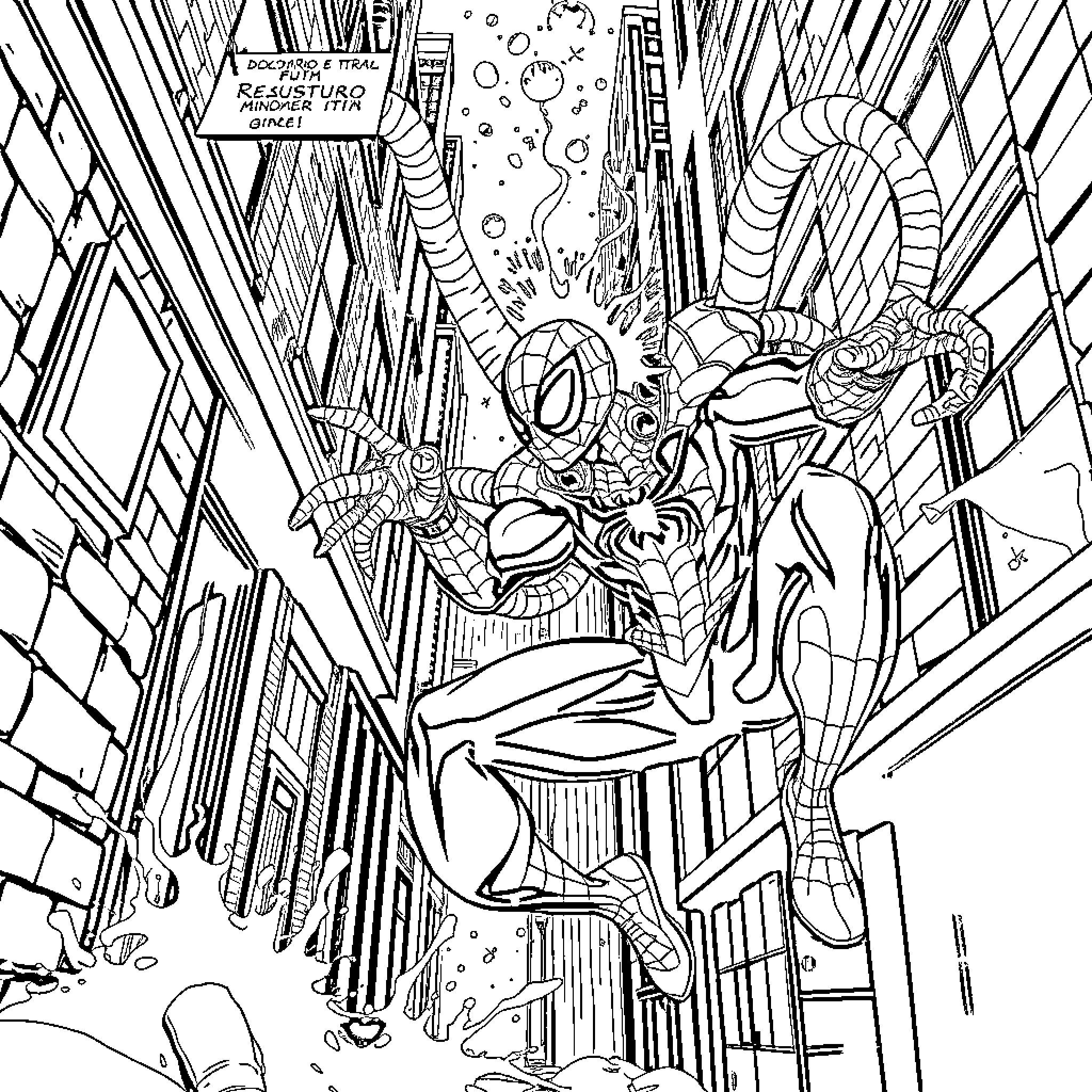 Spiderman web-swinging through the city Coloring Page (free black-and-white line drawing printable PDF for all, from beginners to advanced learners, including children, teens, adults, and seniors)