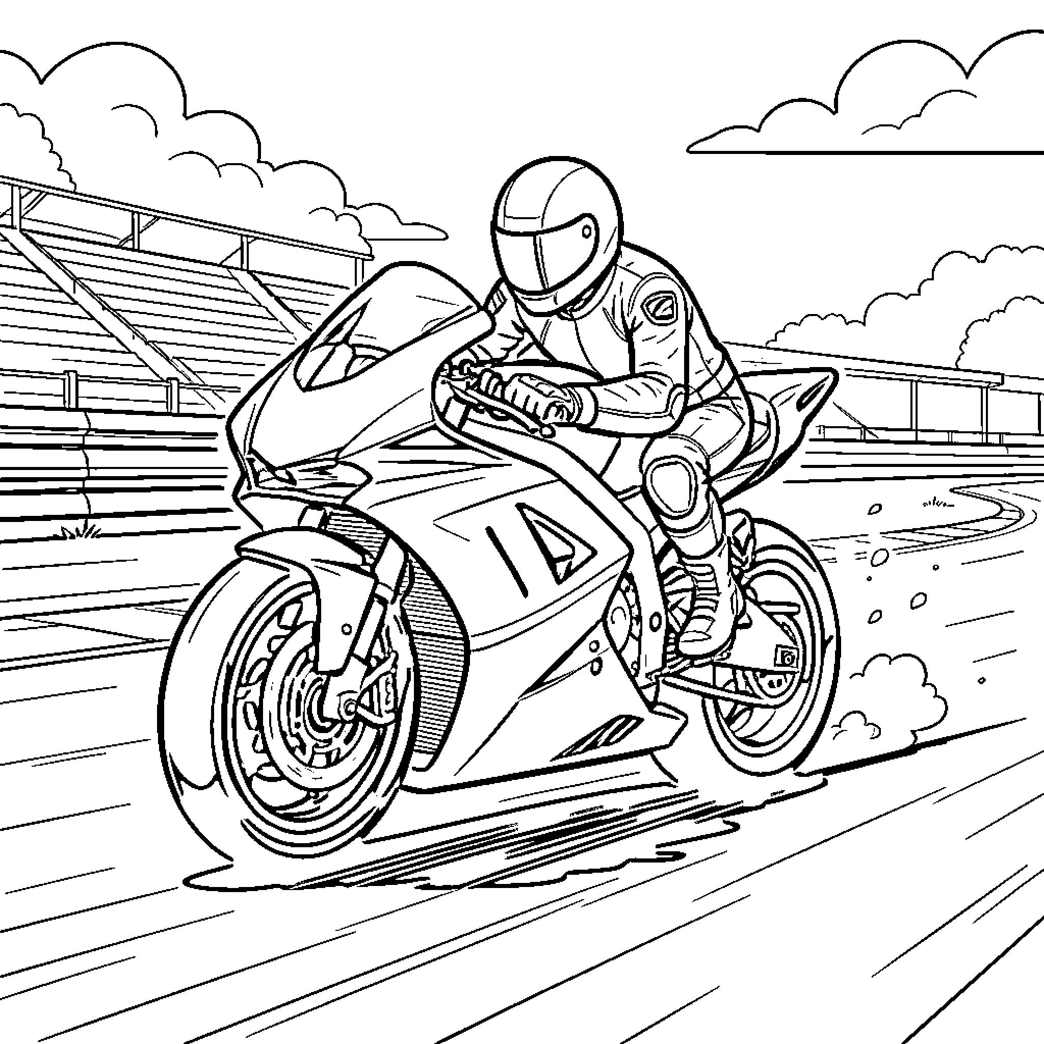 Motorcycle racer speeding on a professional racing track Coloring Page (free black-and-white line drawing printable PDF for all, from beginners to advanced learners, including children, teens, adults, and seniors)