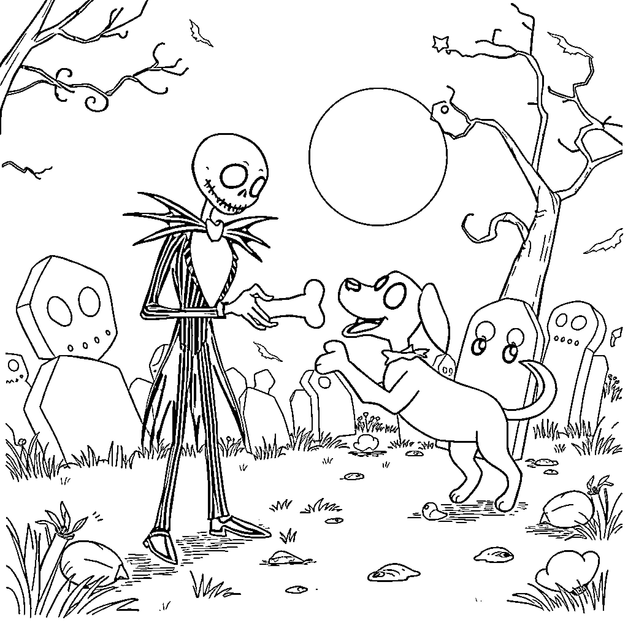 Jack Skellington interacting with strange creatures in a whimsical setting Coloring Page (free black-and-white line drawing printable PDF for all, from beginners to advanced learners, including children, teens, adults, and seniors)