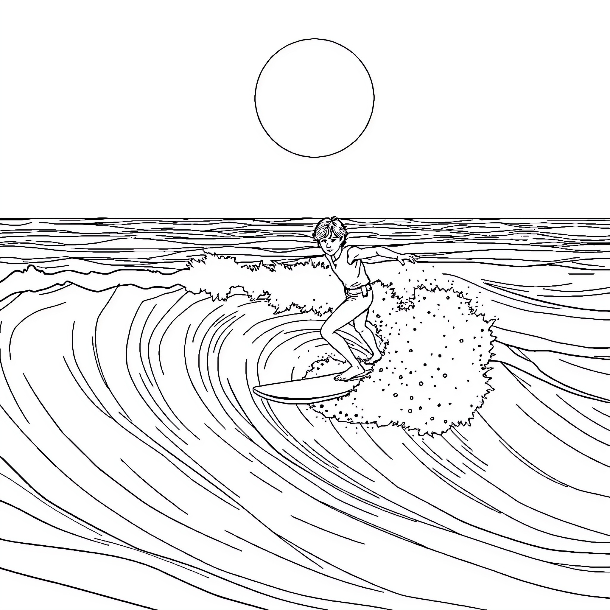 Luke Skywalker surfing on a powerful wave Coloring Page (free black-and-white line drawing printable PDF for all, from beginners to advanced learners, including children, teens, adults, and seniors)