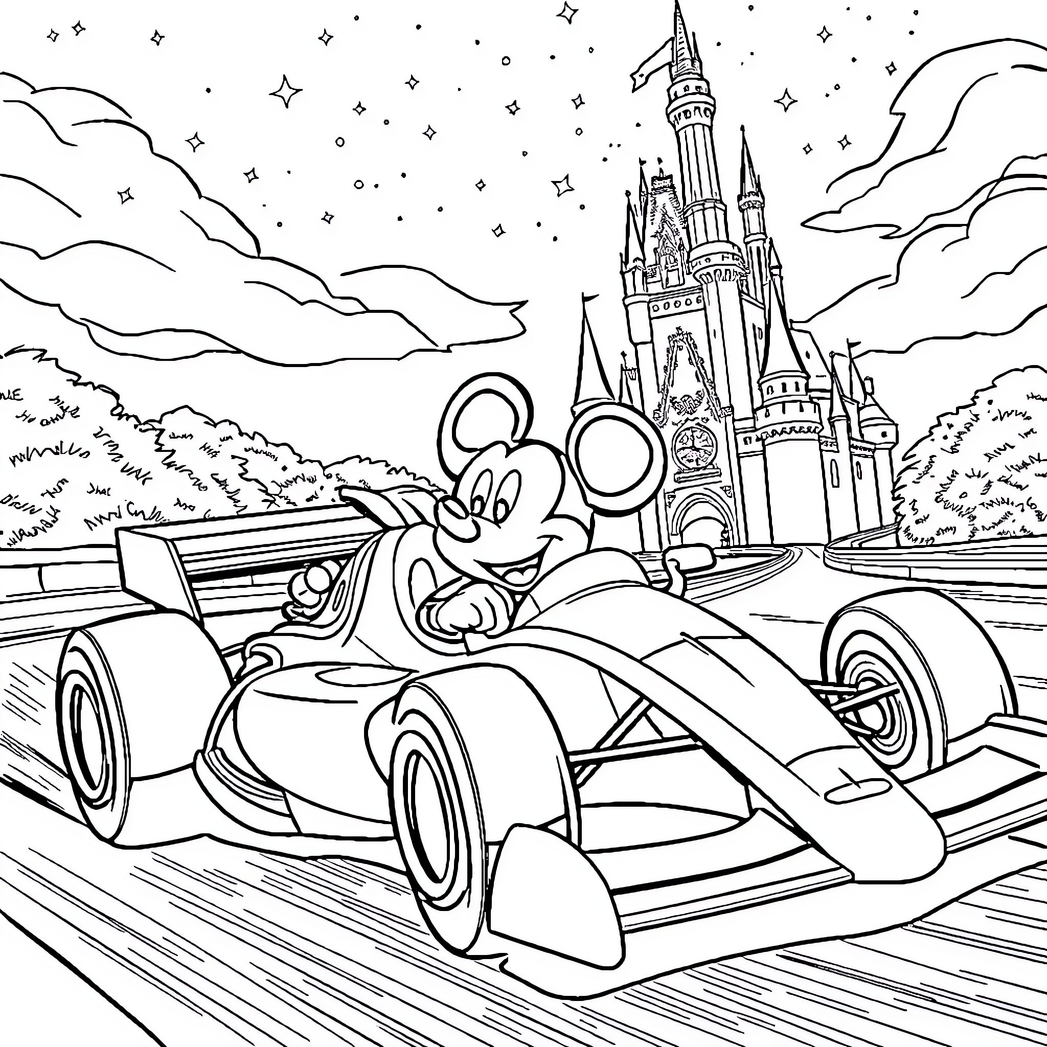 Mickey Mouse driving race car at Disney castle Coloring Page (free black-and-white line drawing printable PDF for all, from beginners to advanced learners, including children, teens, adults, and seniors)