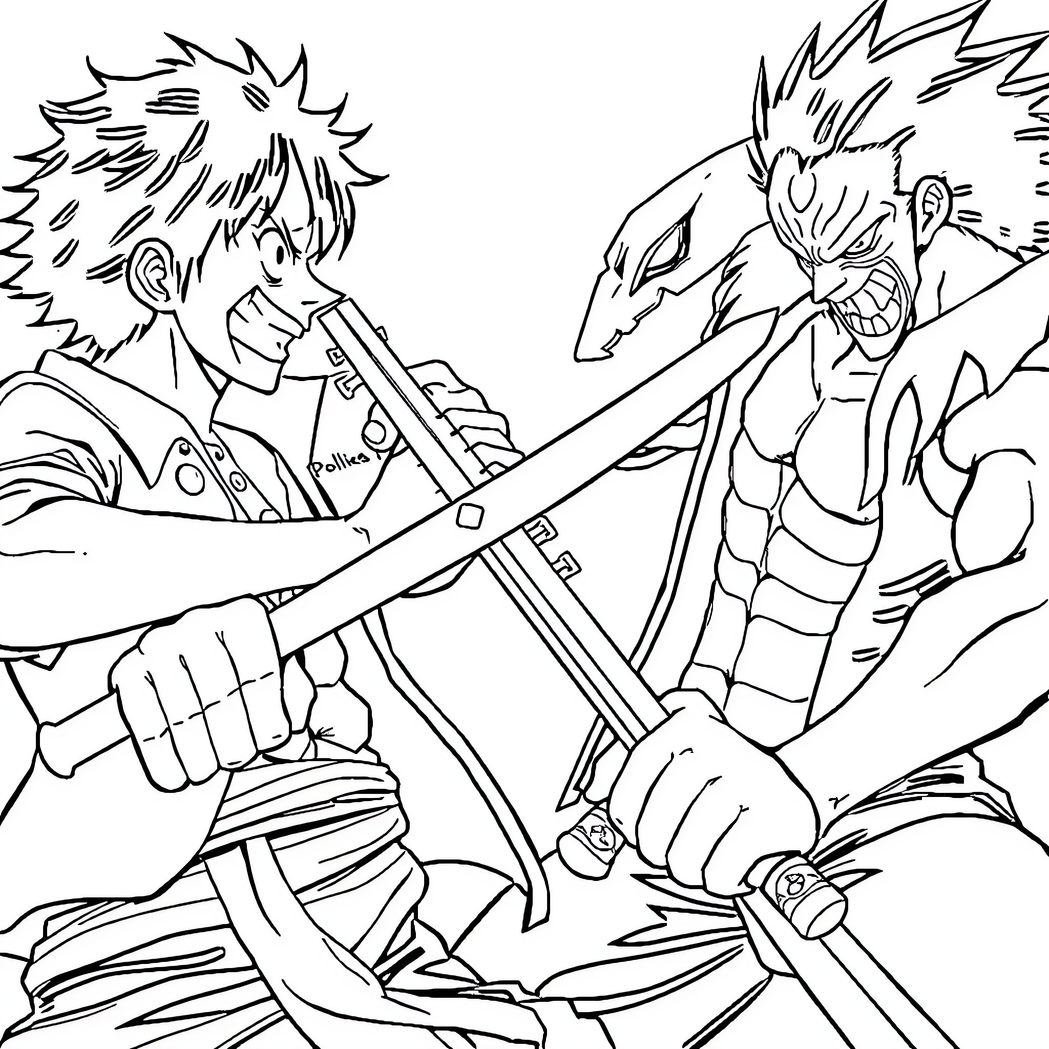 Luffy battling a fierce dragon with his sword Coloring Page (free black-and-white line drawing printable PDF for all, from beginners to advanced learners, including children, teens, adults, and seniors)