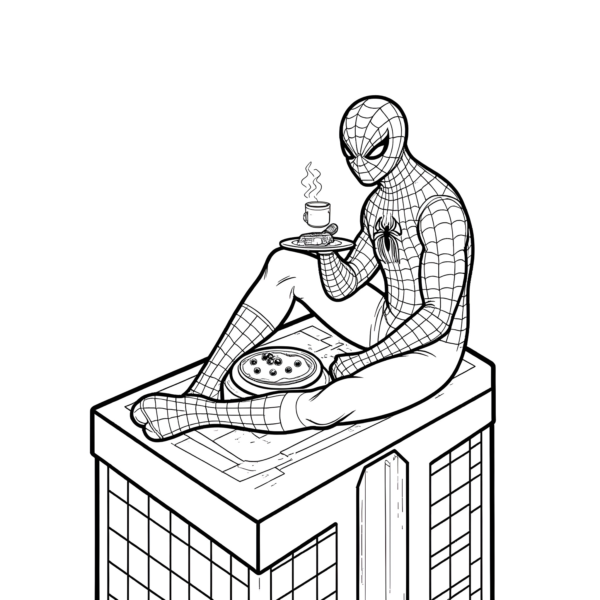 Spider-Man enjoying a snack while taking a break Coloring Page (free black-and-white line drawing printable PDF for all, from beginners to advanced learners, including children, teens, adults, and seniors)