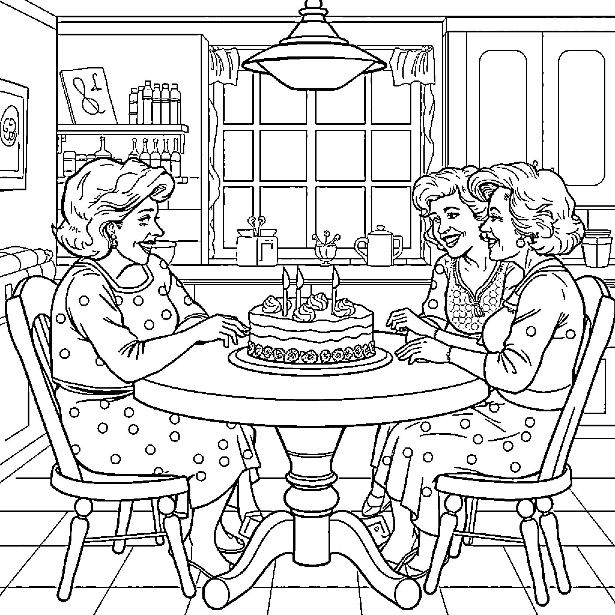 Golden Girls Celebrating with Cake and Cheer Coloring Page (free black-and-white line drawing printable PDF for all, from beginners to advanced learners, including children, teens, adults, and seniors)