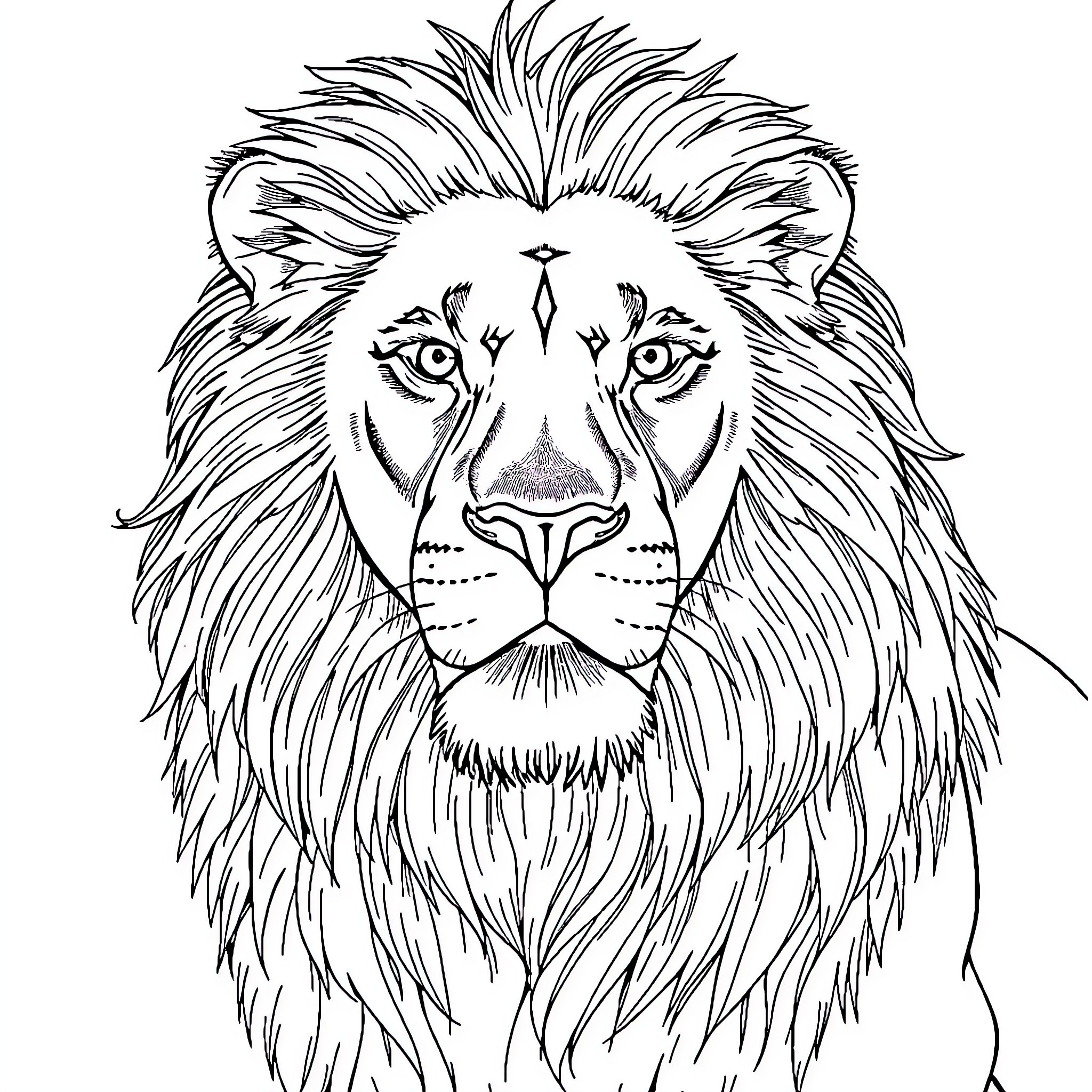 Lion with Expressive Facial Features Coloring Page (free black-and-white line drawing printable PDF for all, from beginners to advanced learners, including children, teens, adults, and seniors)
