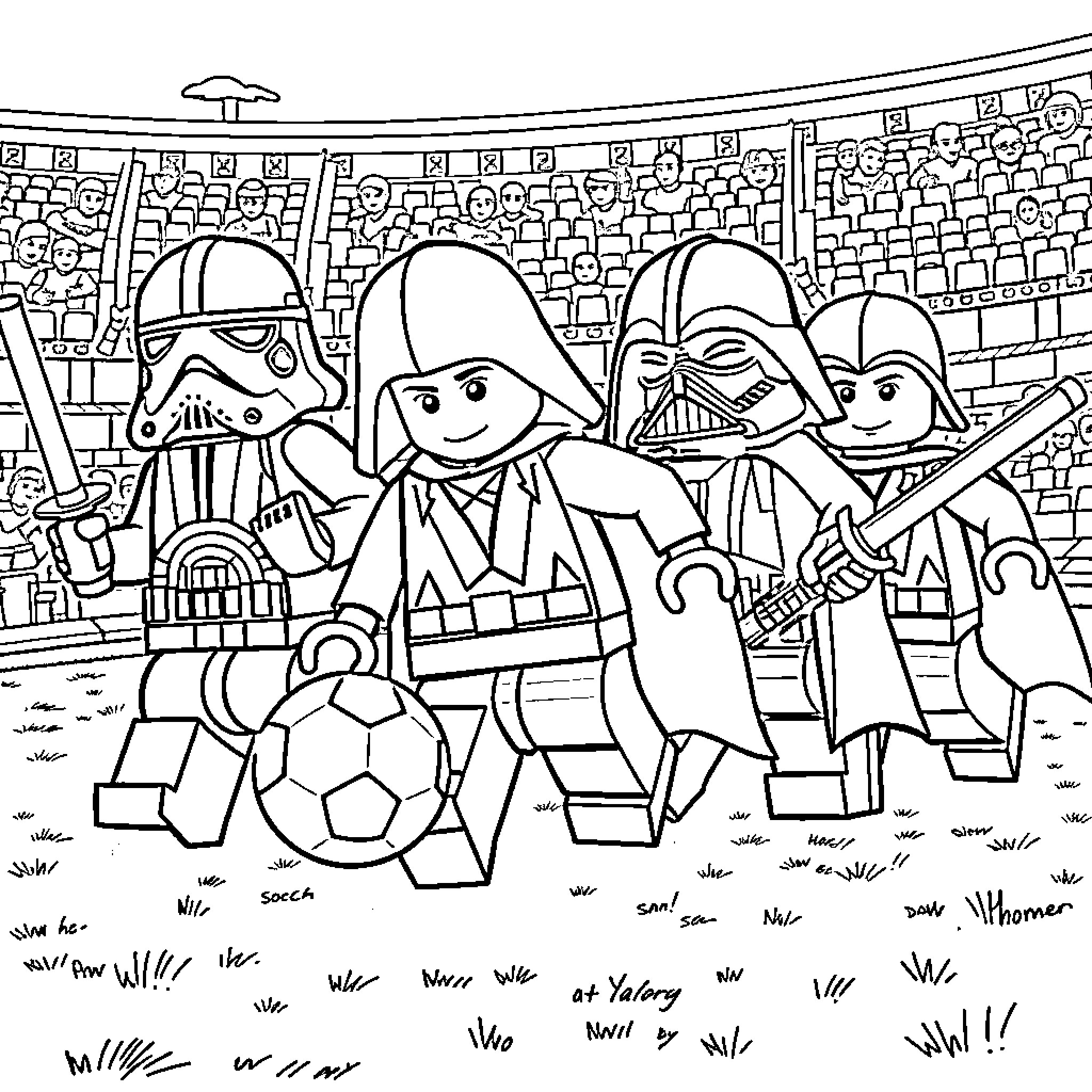 Lego Star Wars Characters Playing Soccer in a Stadium Coloring Page (free black-and-white line drawing printable PDF for all, from beginners to advanced learners, including children, teens, adults, and seniors)