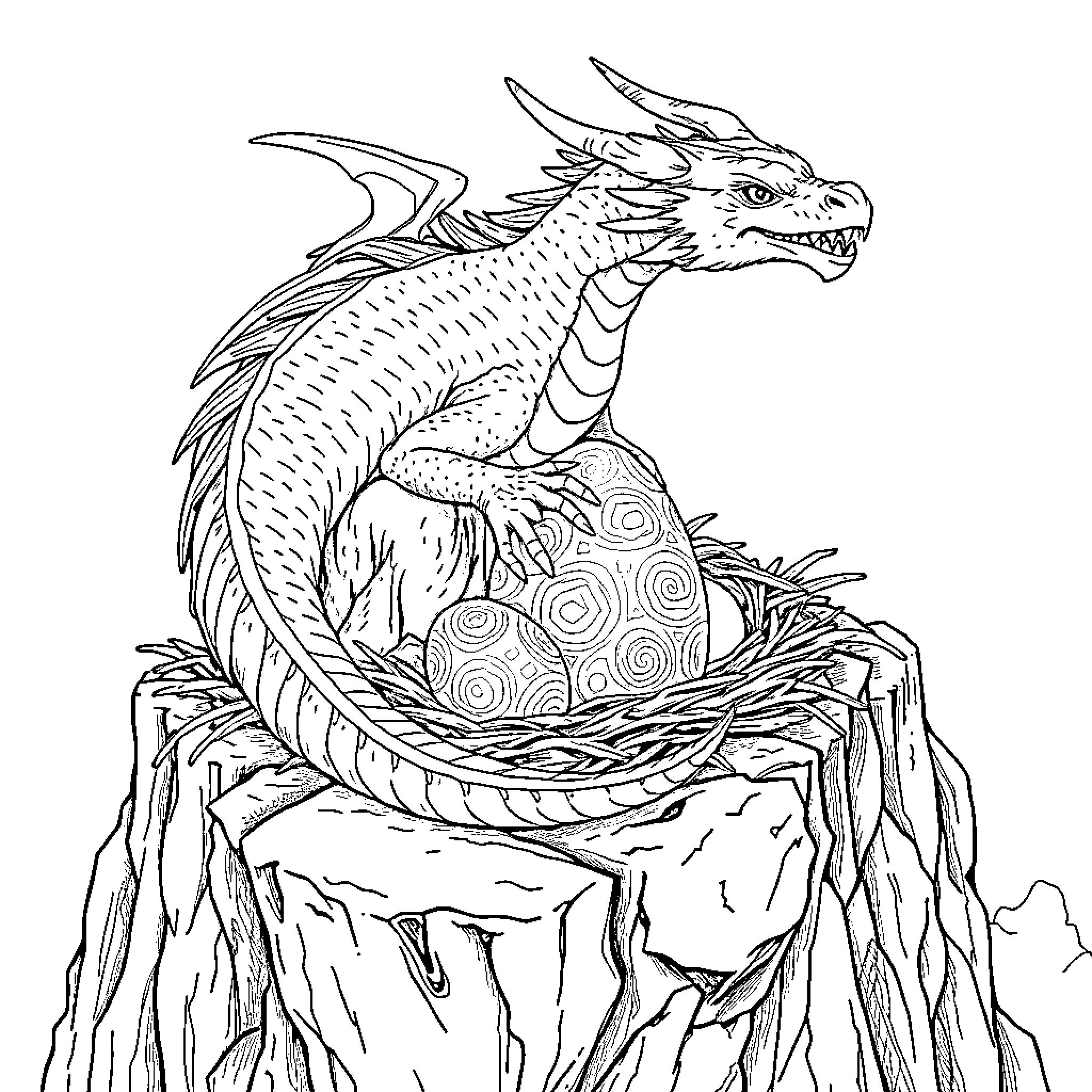 Dragon guarding its nest on a cliff Coloring Page (free black-and-white line drawing printable PDF for all, from beginners to advanced learners, including children, teens, adults, and seniors)