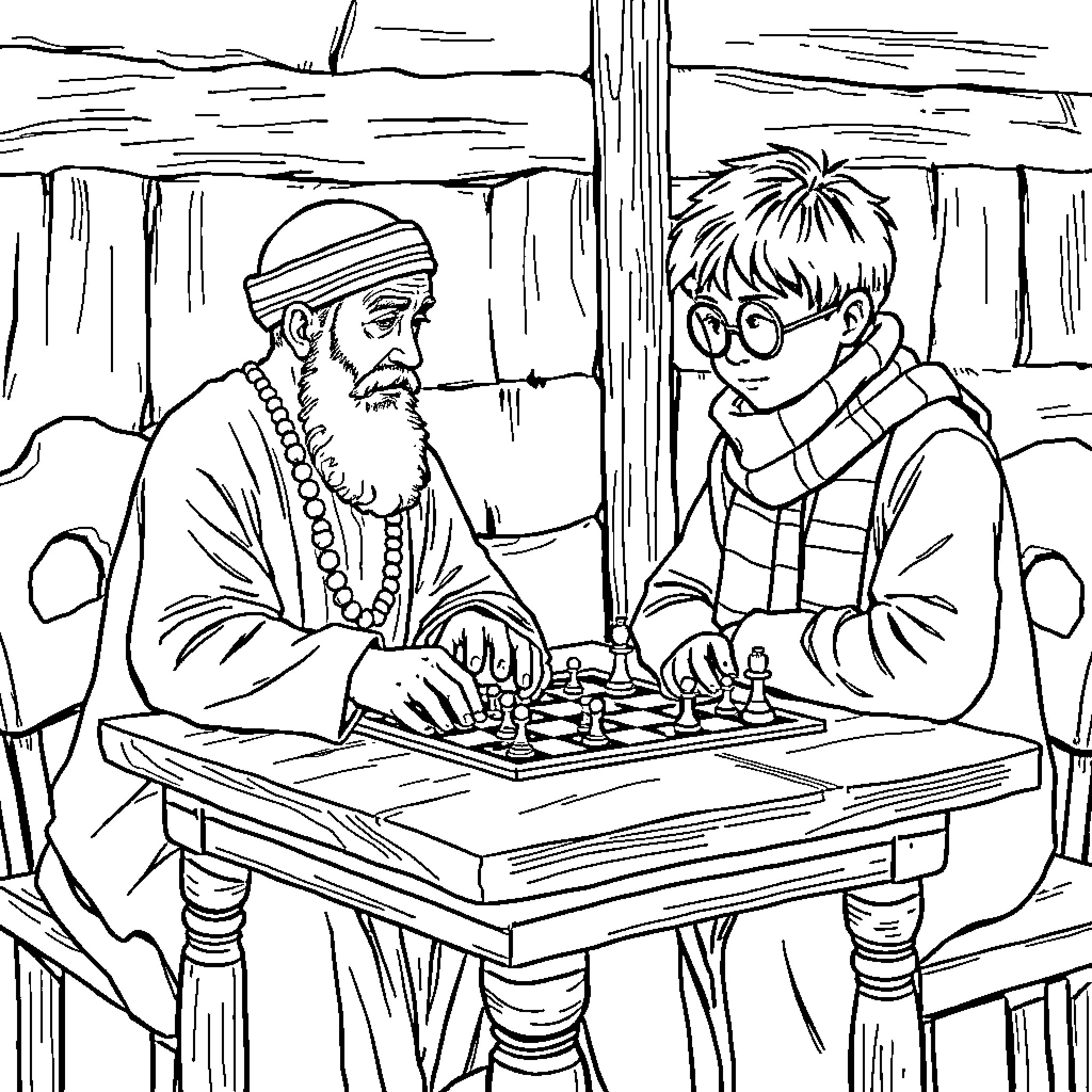 Rumi's Quiet Game of Chess Coloring Page (free black-and-white line drawing printable PDF for all, from beginners to advanced learners, including children, teens, adults, and seniors)
