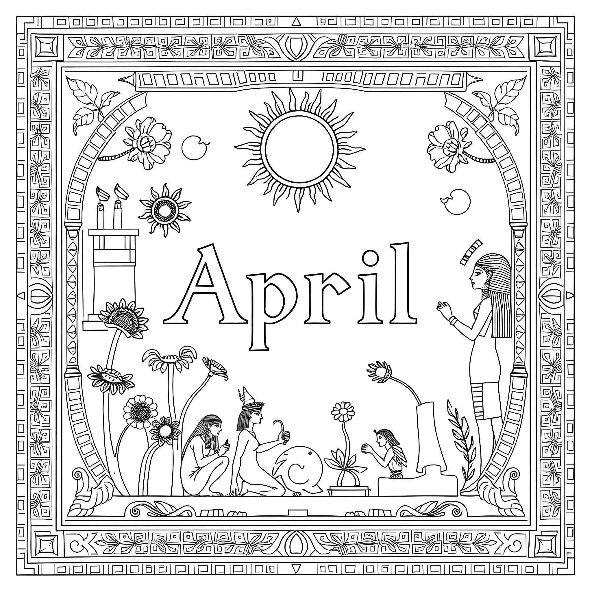 Hieroglyphics: April Festival with Sun, Flowers, and Figures Coloring Page (free black-and-white line drawing printable PDF for all, from beginners to advanced learners, including children, teens, adults, and seniors)