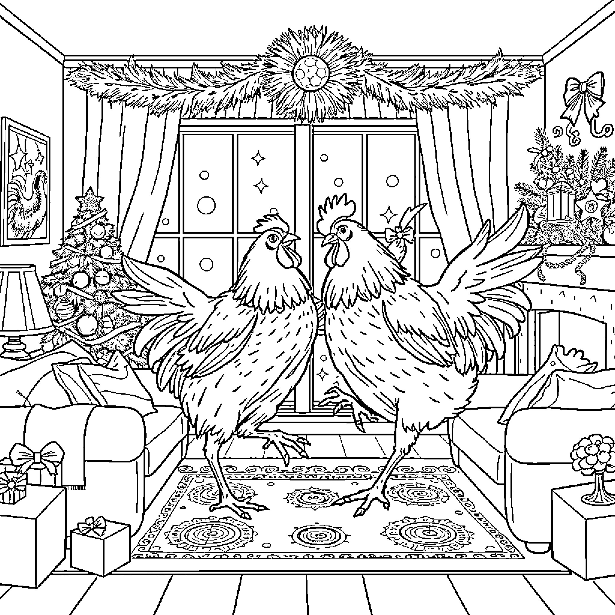 Hen couple celebrating in a festive holiday scene Coloring Page (free black-and-white line drawing printable PDF for all, from beginners to advanced learners, including children, teens, adults, and seniors)