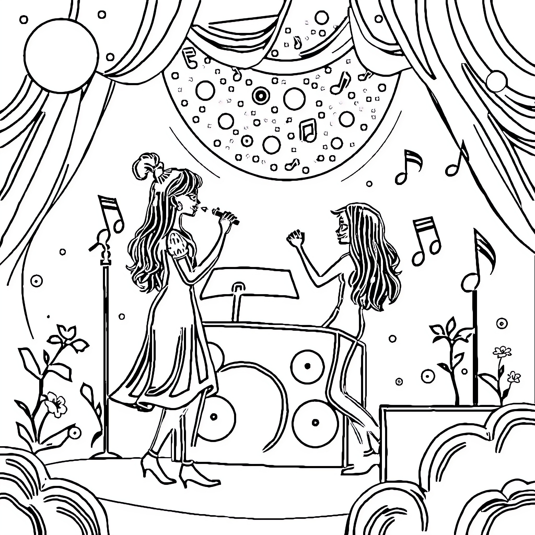 Musical Notes: Two Singers Performing on Stage Coloring Page (free black-and-white line drawing printable PDF for all, from beginners to advanced learners, including children, teens, adults, and seniors)