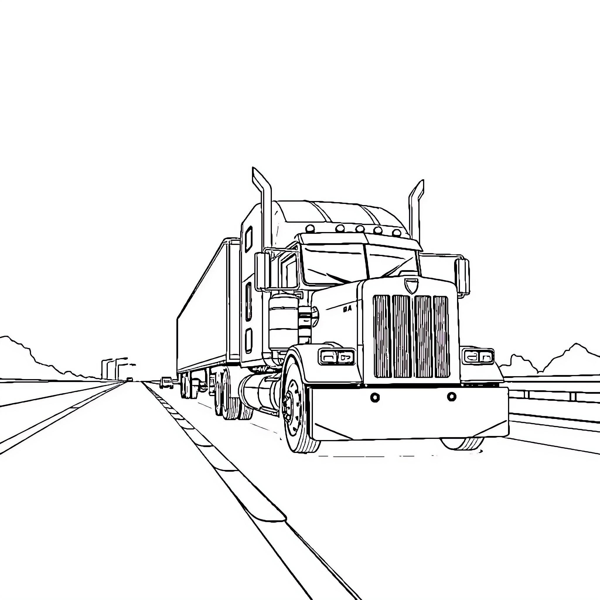 Kenworth semi-truck traveling down the highway Coloring Page (free black-and-white line drawing printable PDF for all, from beginners to advanced learners, including children, teens, adults, and seniors)
