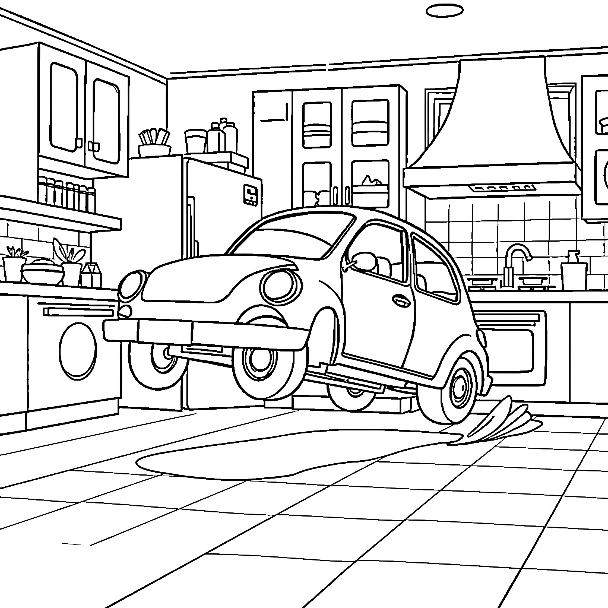 Car in a kitchen getting repaired Coloring Page (free black-and-white line drawing printable PDF for all, from beginners to advanced learners, including children, teens, adults, and seniors)