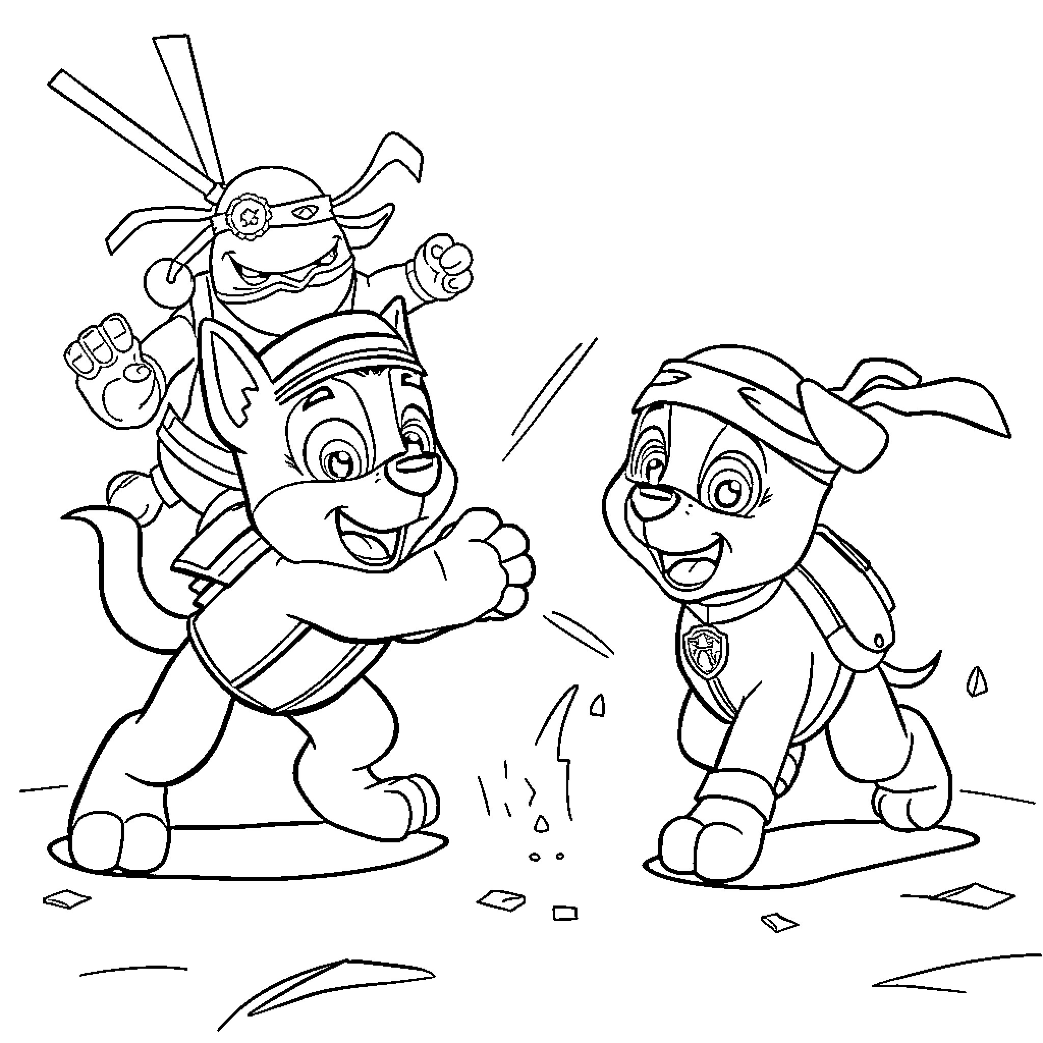 Paw Patrol Pals Enjoying Outdoor Adventure Coloring Page (free black-and-white line drawing printable PDF for all, from beginners to advanced learners, including children, teens, adults, and seniors)