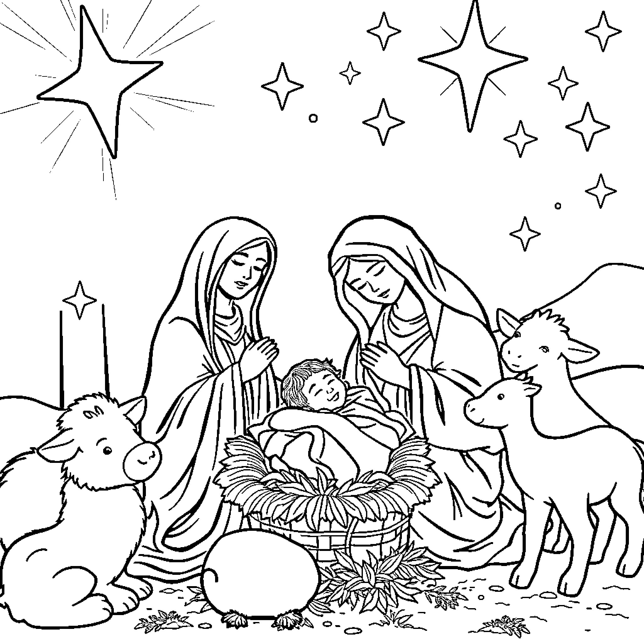 Nativity scene with baby Jesus, Mary, Joseph, and animals Coloring Page (free black-and-white line drawing printable PDF for all, from beginners to advanced learners, including children, teens, adults, and seniors)