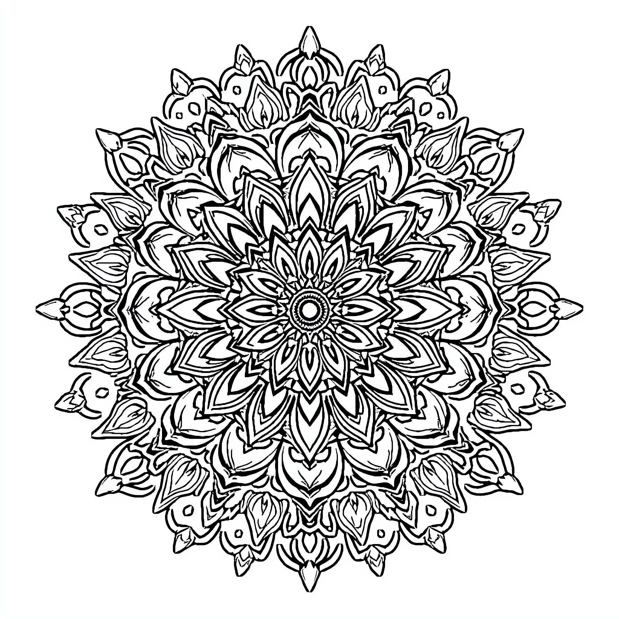Mandala of intricate floral patterns Coloring Page (free black-and-white line drawing printable PDF for all, from beginners to advanced learners, including children, teens, adults, and seniors)