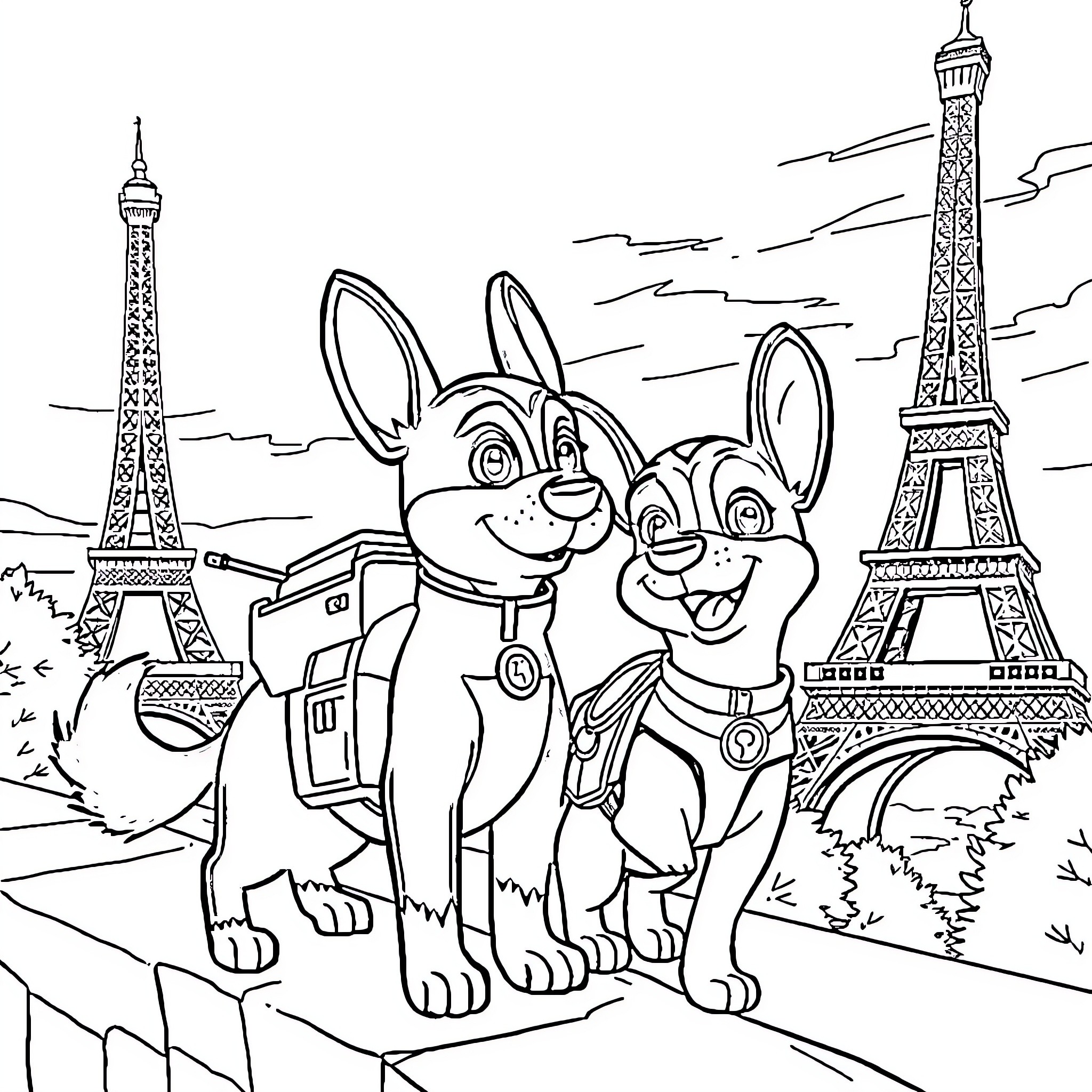 Paw Patrol Puppies Exploring Eiffel Tower Scene Coloring Page (free black-and-white line drawing printable PDF for all, from beginners to advanced learners, including children, teens, adults, and seniors)