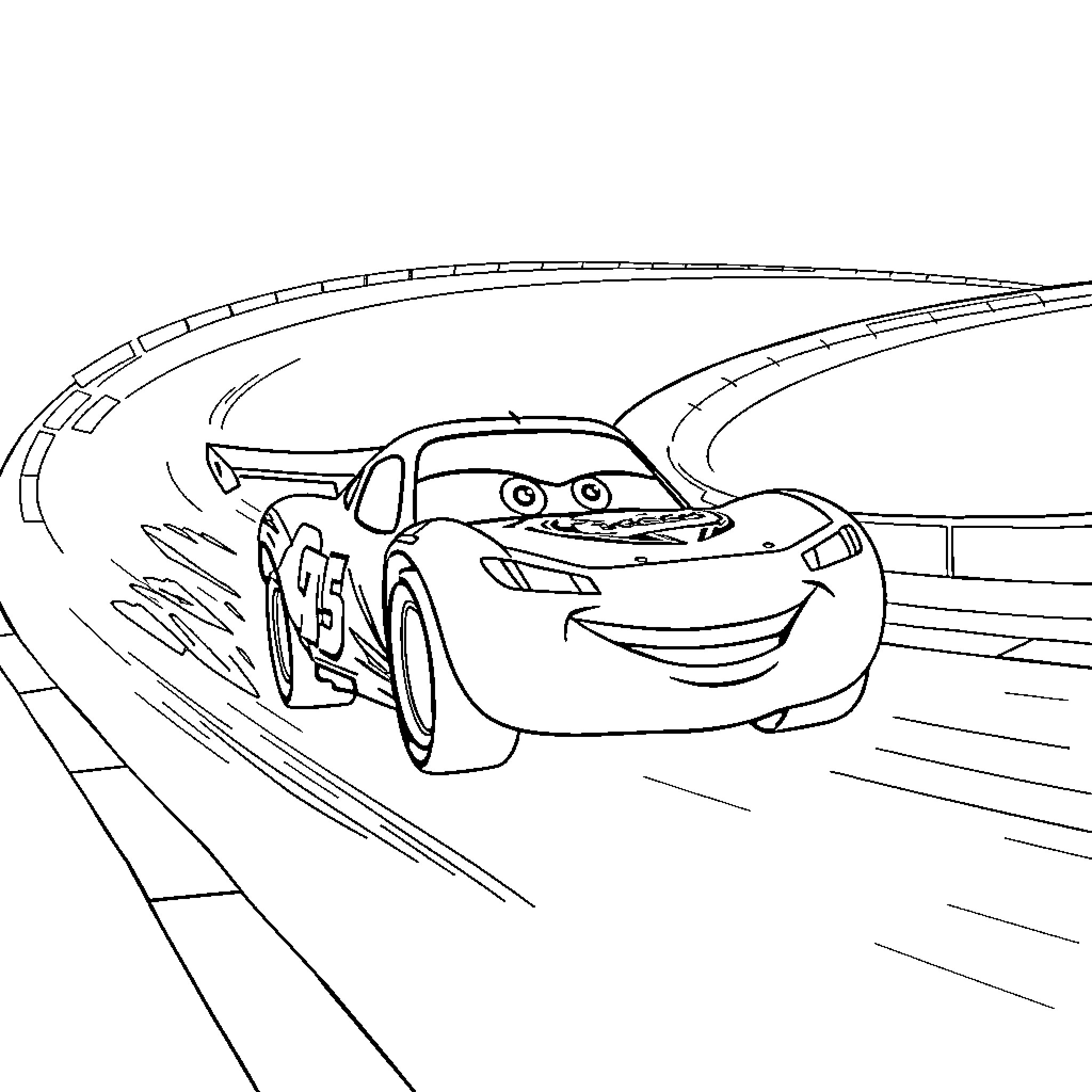 Lightning McQueen racing on the track Coloring Page (free black-and-white line drawing printable PDF for all, from beginners to advanced learners, including children, teens, adults, and seniors)