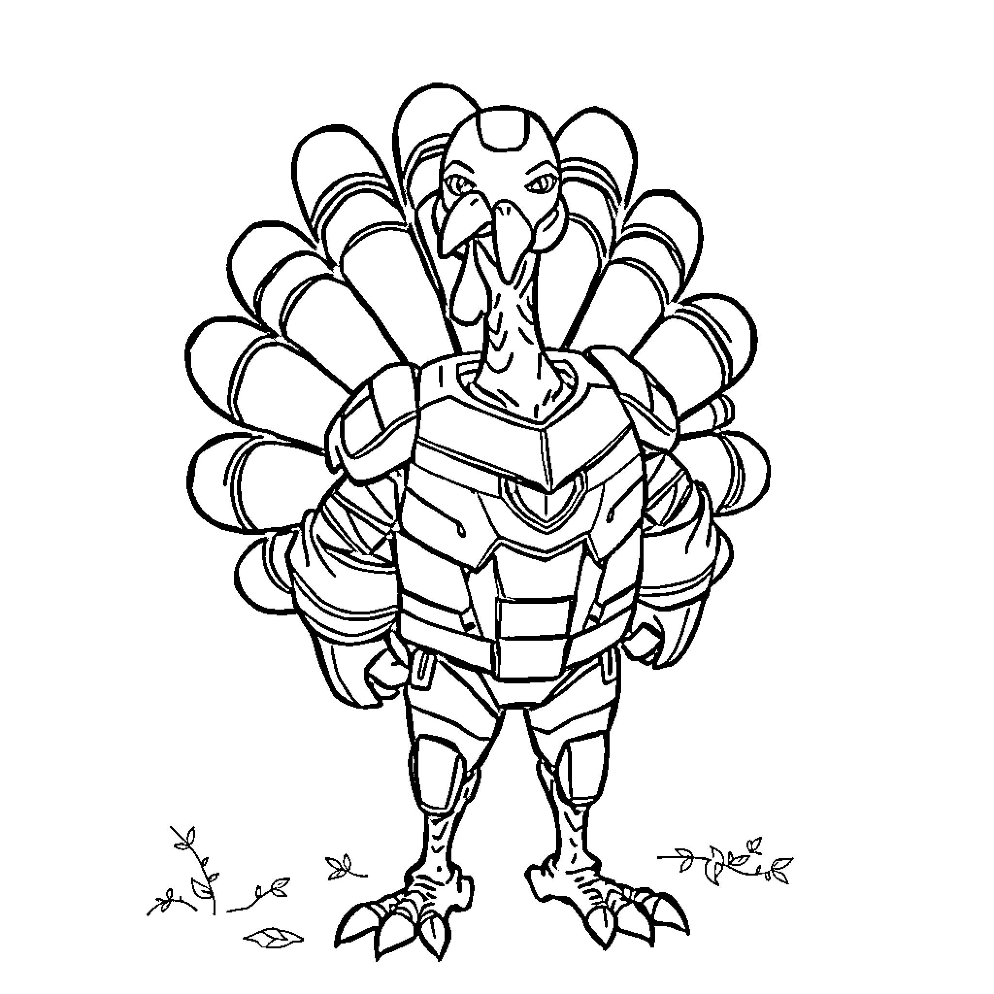 Ironman Turkey in Heroic Pose Coloring Page (free black-and-white line drawing printable PDF for all, from beginners to advanced learners, including children, teens, adults, and seniors)