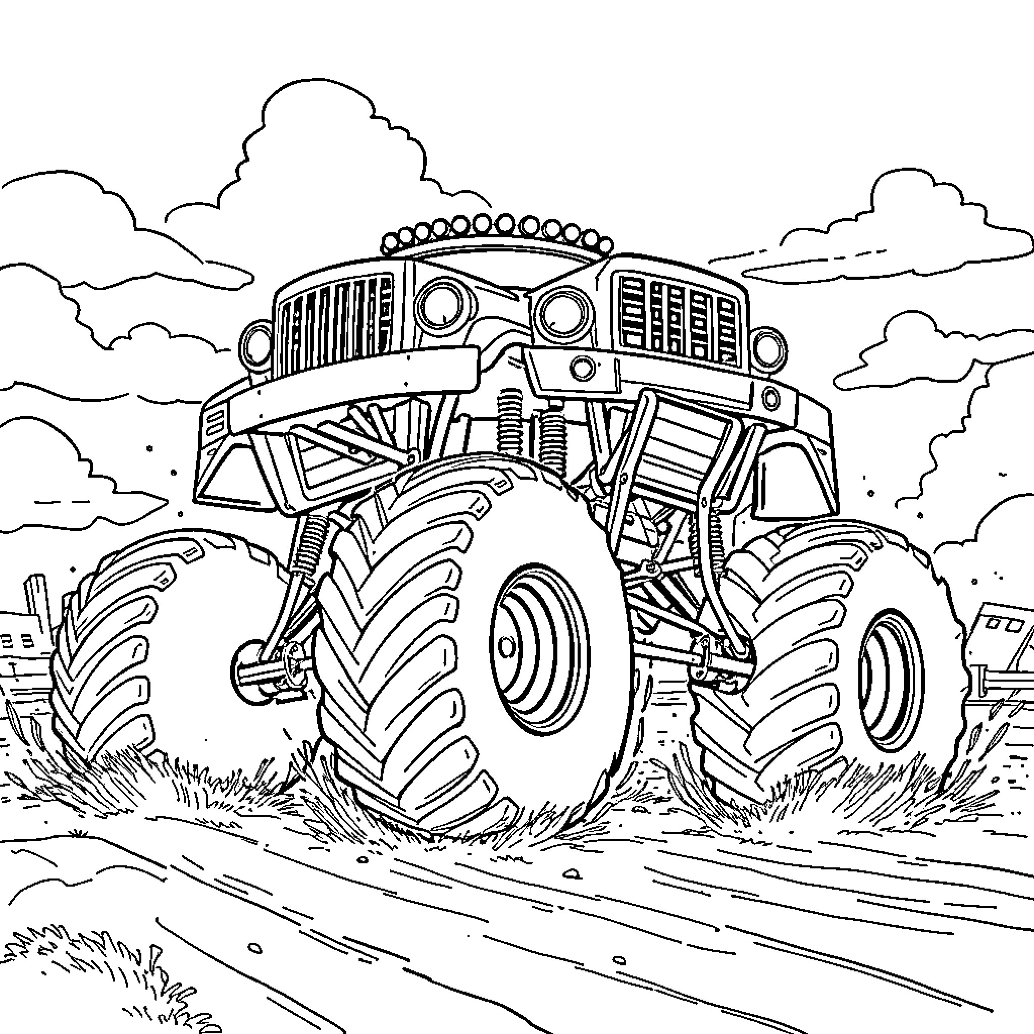 Monster Truck Crushing Obstacles on the Rugged Terrain Coloring Page (free black-and-white line drawing printable PDF for all, from beginners to advanced learners, including children, teens, adults, and seniors)