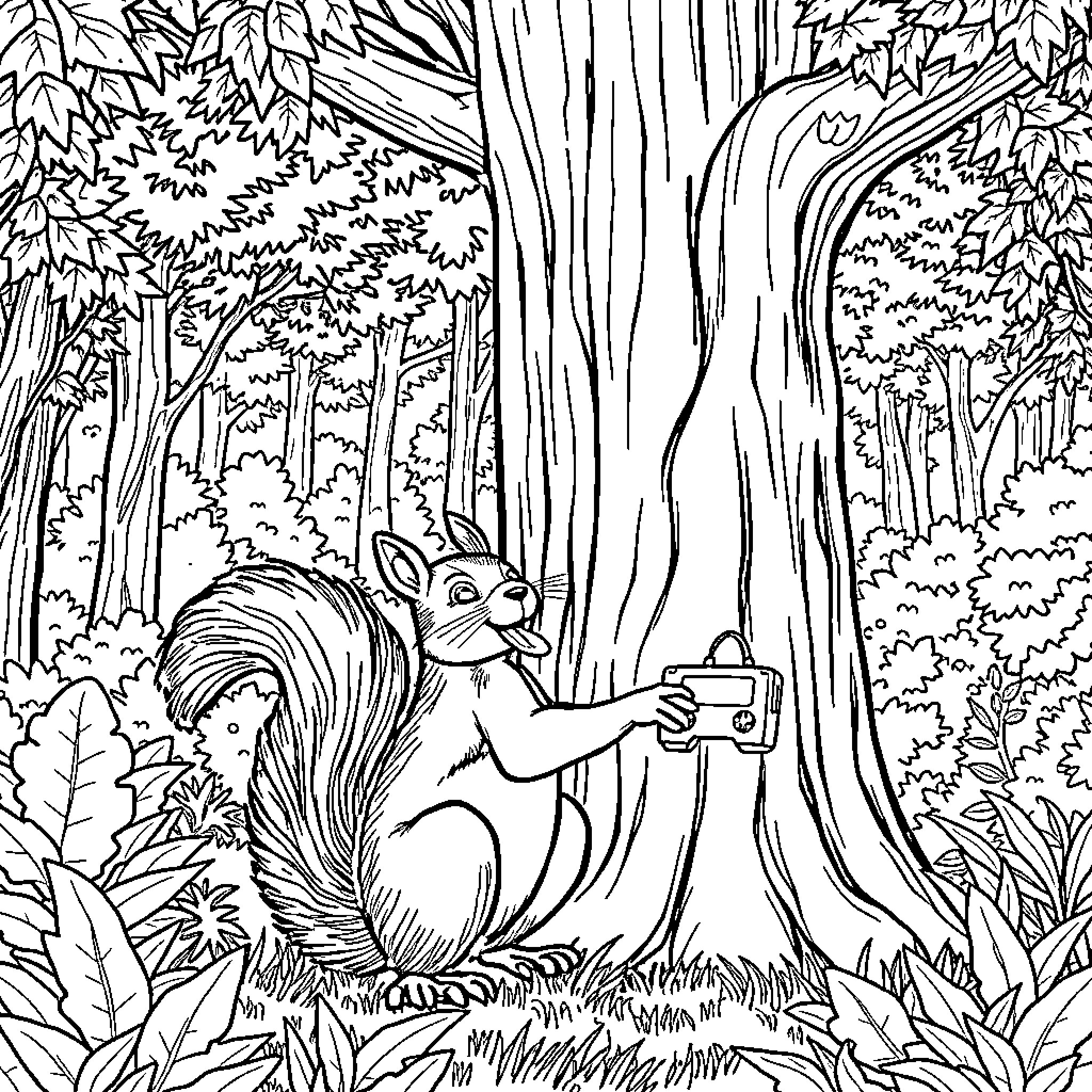 Squirrel gathering food in forest Coloring Page (free black-and-white line drawing printable PDF for all, from beginners to advanced learners, including children, teens, adults, and seniors)