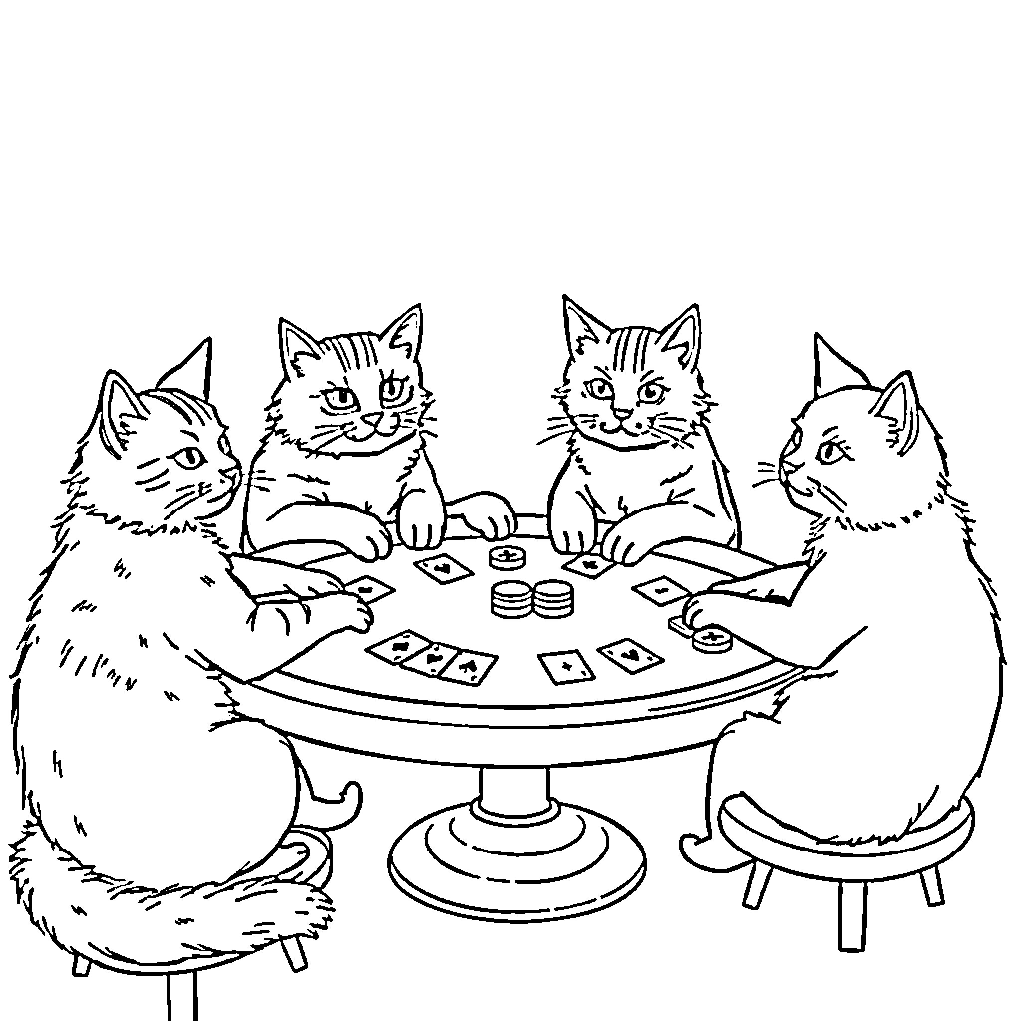 Cats playing a card game at the table Coloring Page (free black-and-white line drawing printable PDF for all, from beginners to advanced learners, including children, teens, adults, and seniors)