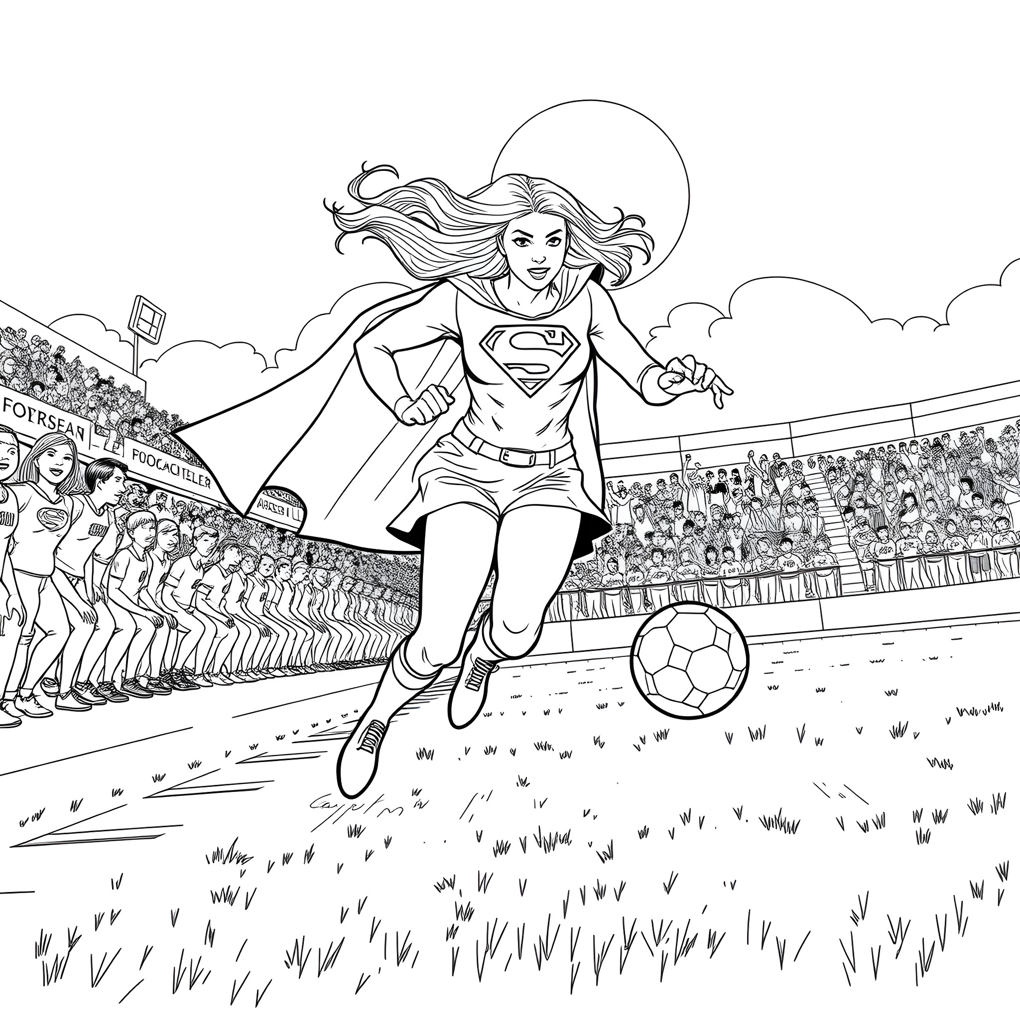 Supergirl playing soccer in the stadium Coloring Page (free black-and-white line drawing printable PDF for all, from beginners to advanced learners, including children, teens, adults, and seniors)