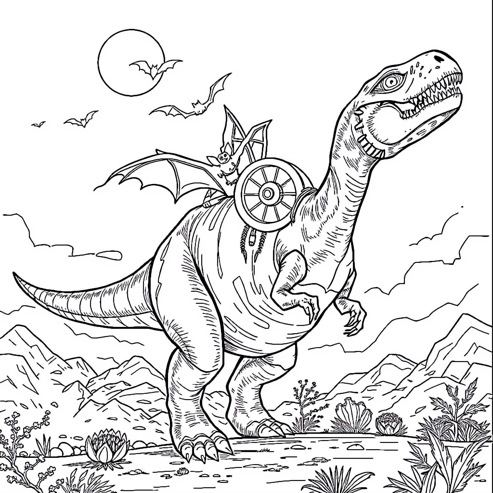 Batwheels dinosaur explores the prehistoric landscape Coloring Page (free black-and-white line drawing printable PDF for all, from beginners to advanced learners, including children, teens, adults, and seniors)