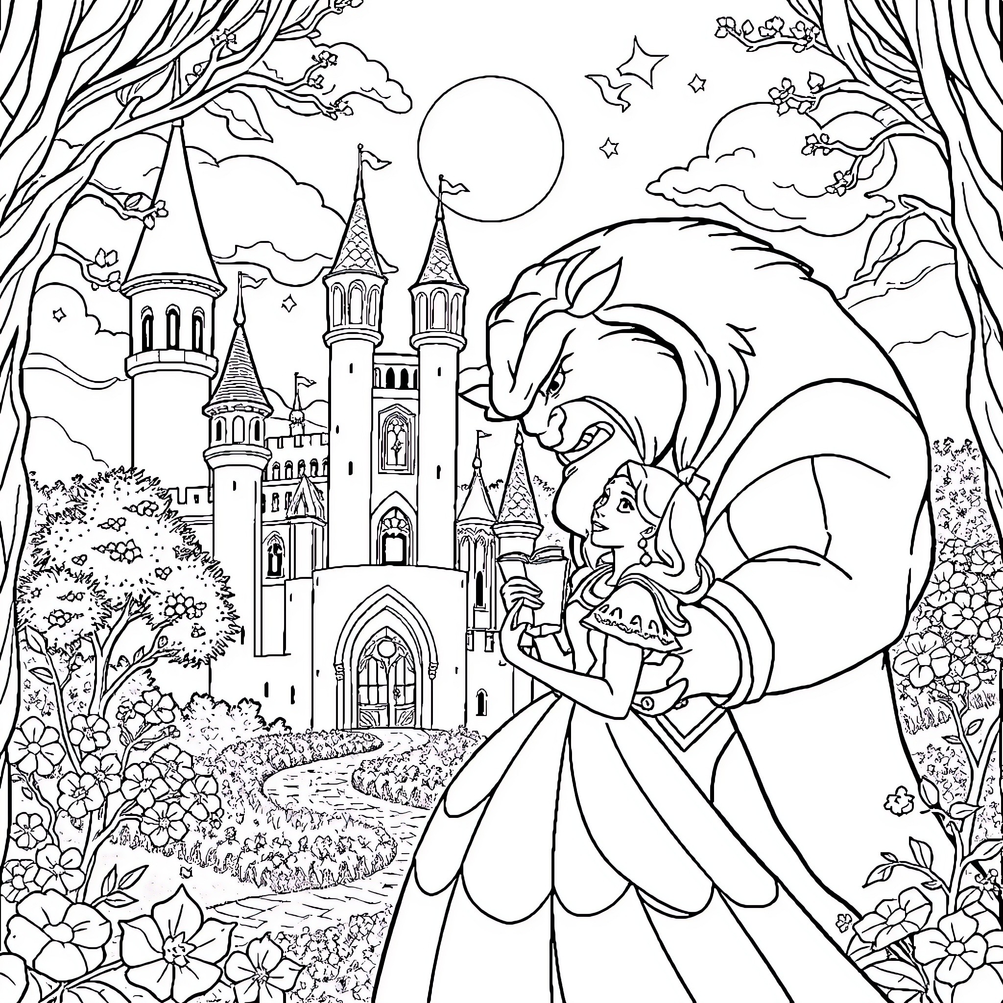 Beauty And The Beast Fairy Tale Castle Scene Coloring Page (free black-and-white line drawing printable PDF for all, from beginners to advanced learners, including children, teens, adults, and seniors)