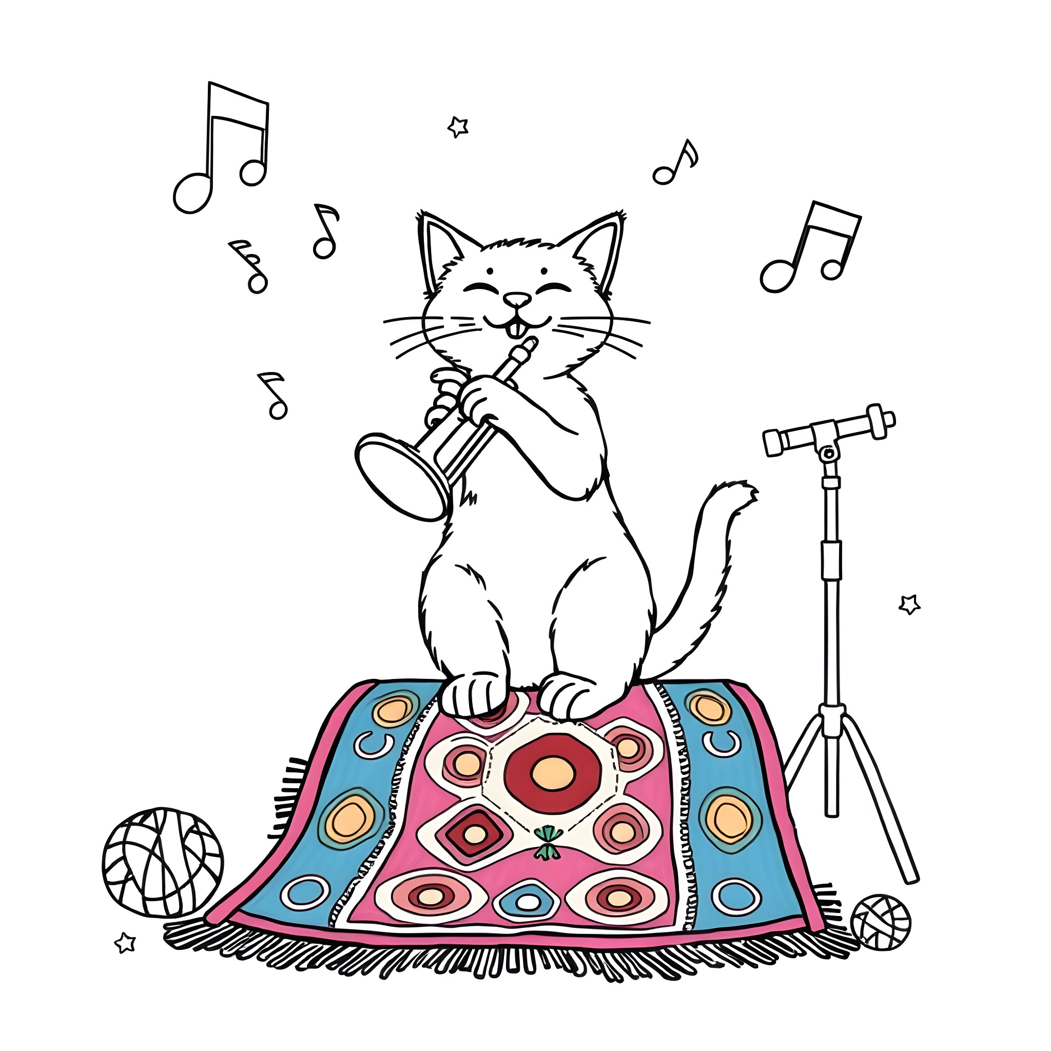 Cat playing musical instrument on patterned rug Coloring Page (free black-and-white line drawing printable PDF for all, from beginners to advanced learners, including children, teens, adults, and seniors)
