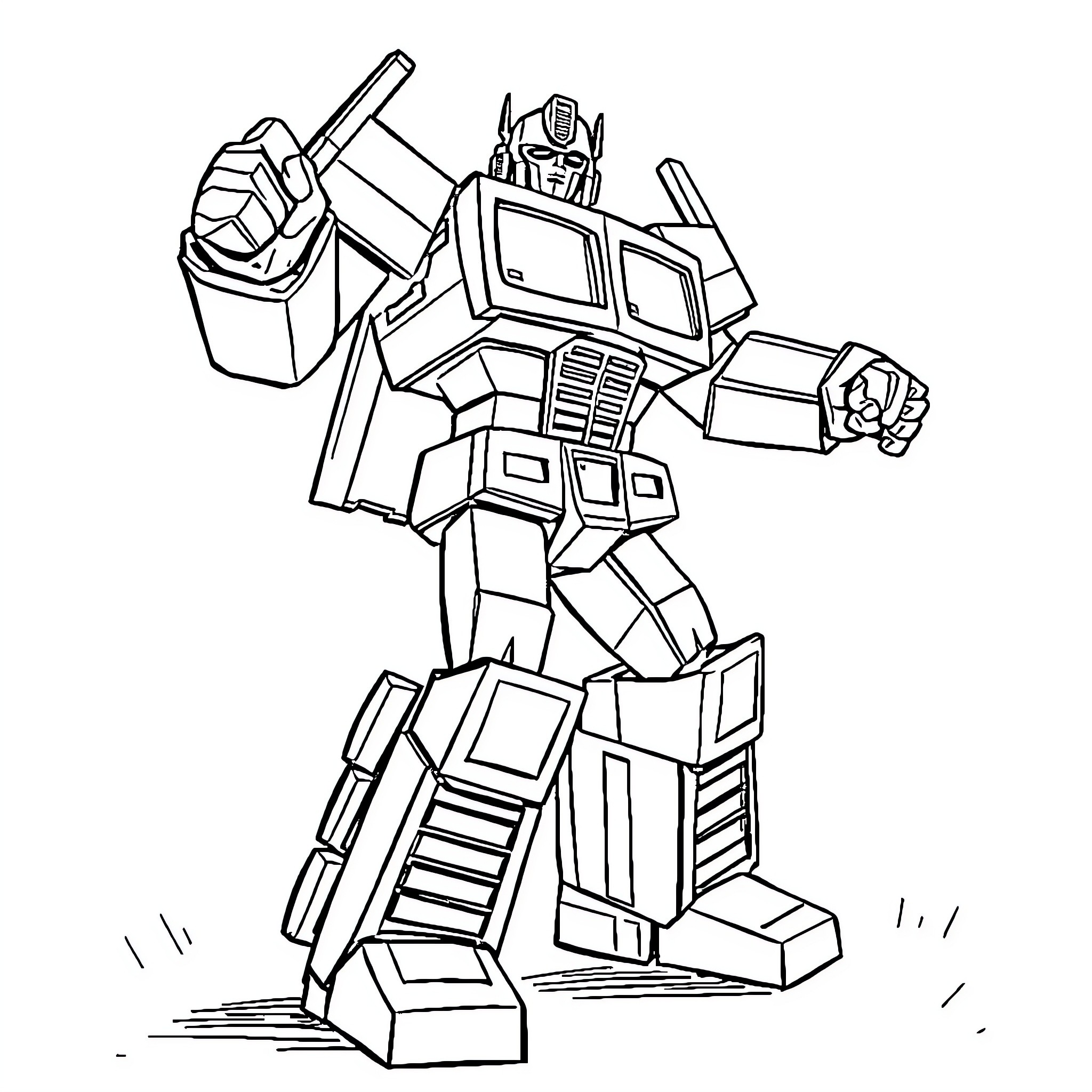 Optimus Prime Heroic Stance in Monochrome Coloring Page (free black-and-white line drawing printable PDF for all, from beginners to advanced learners, including children, teens, adults, and seniors)