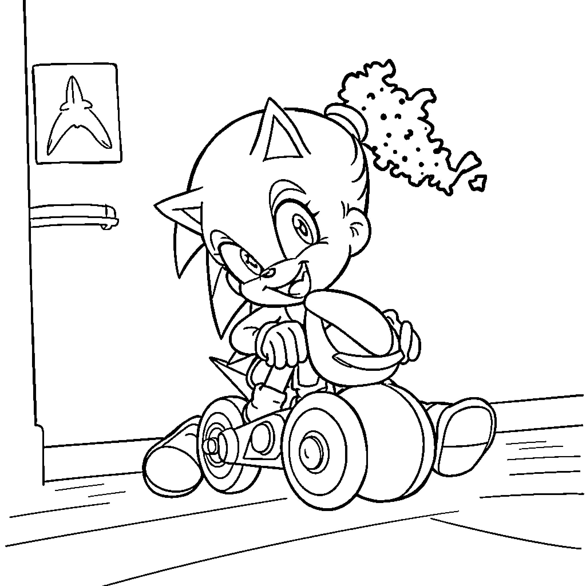 Girl riding toy car with excitement Coloring Page (free black-and-white line drawing printable PDF for all, from beginners to advanced learners, including children, teens, adults, and seniors)