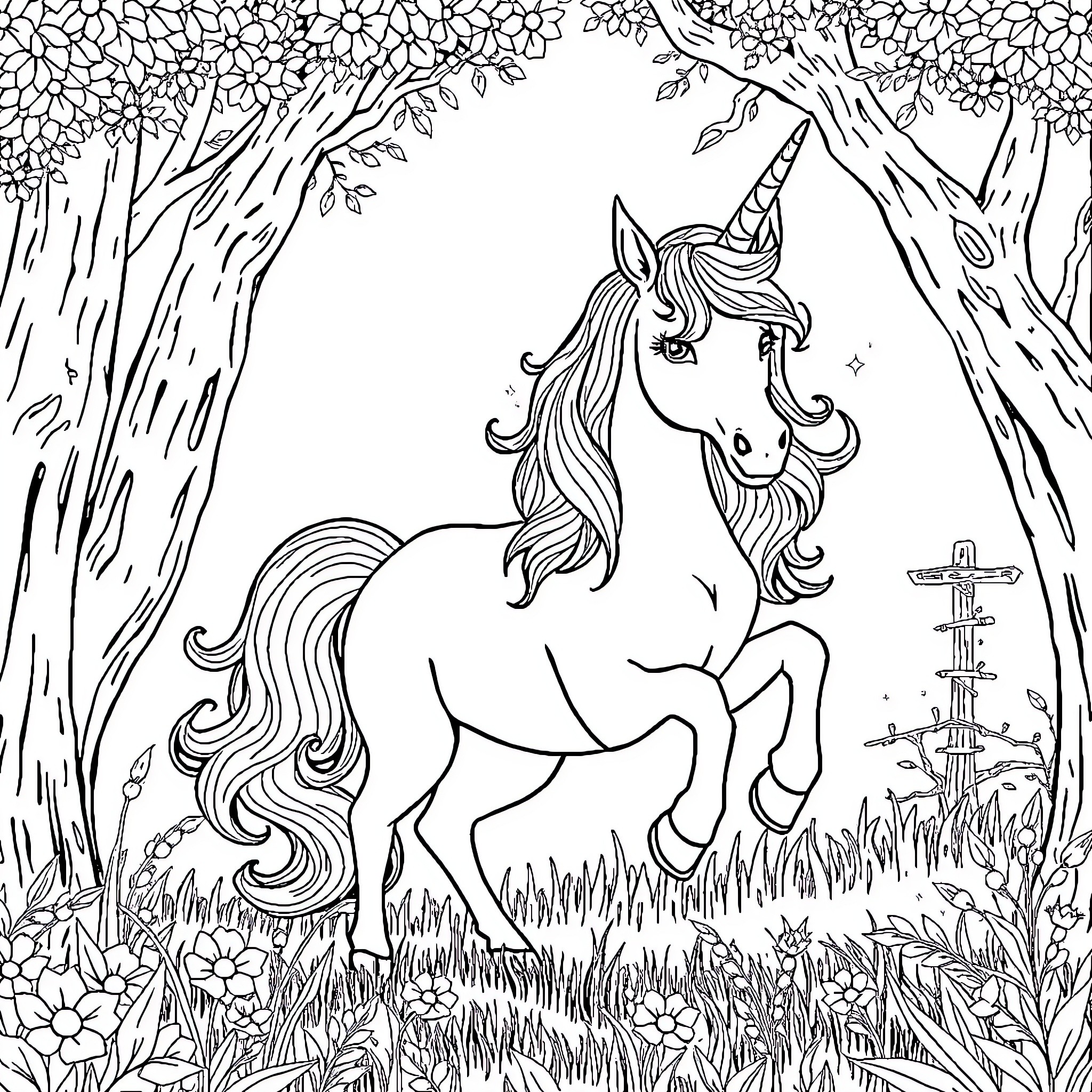 Rabbit unicorn frolicking through the enchanted forest Coloring Page (free black-and-white line drawing printable PDF for all, from beginners to advanced learners, including children, teens, adults, and seniors)