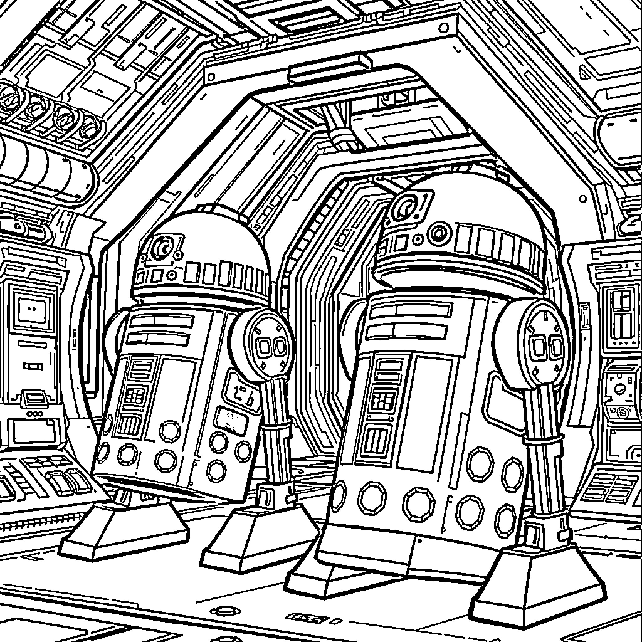 Astromech droids in futuristic spacecraft interior Coloring Page (free black-and-white line drawing printable PDF for all, from beginners to advanced learners, including children, teens, adults, and seniors)