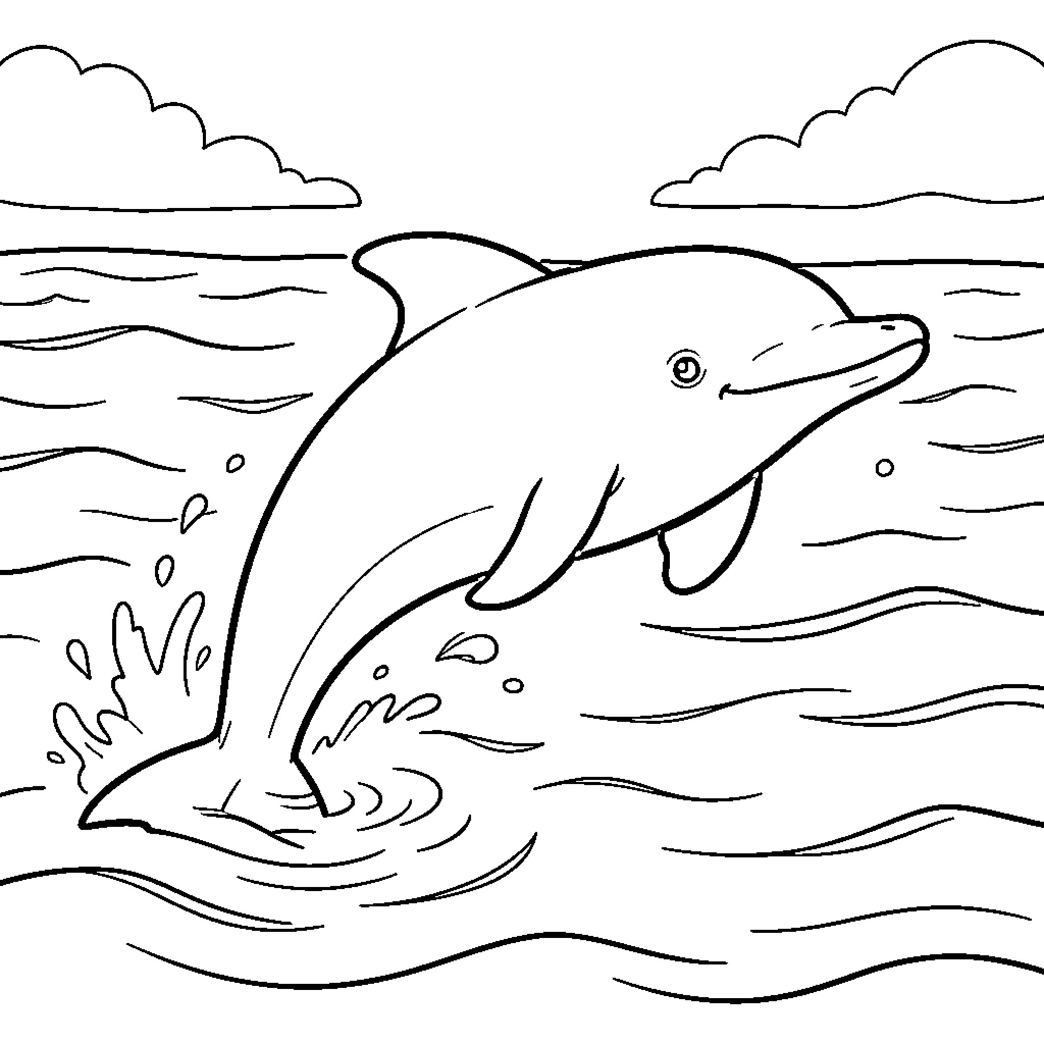 Porpoise jumping joyfully out of the ocean waves Coloring Page (free black-and-white line drawing printable PDF for all, from beginners to advanced learners, including children, teens, adults, and seniors)