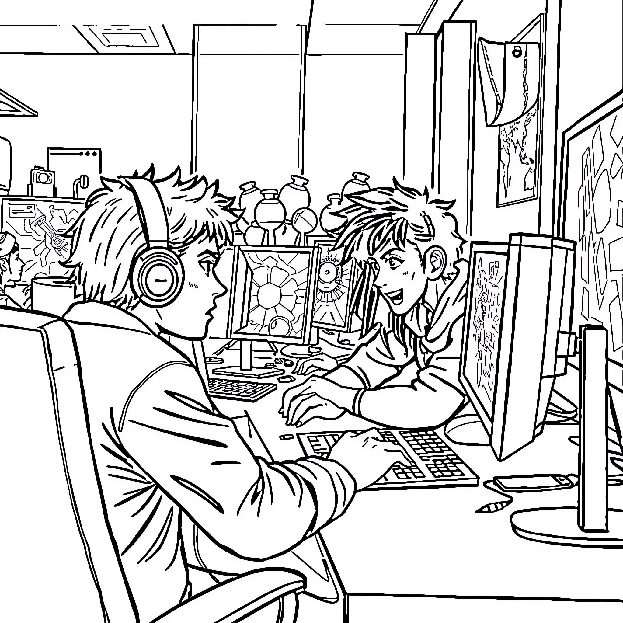 Valorant Player Focused on Gaming in the Studio Coloring Page (free black-and-white line drawing printable PDF for all, from beginners to advanced learners, including children, teens, adults, and seniors)