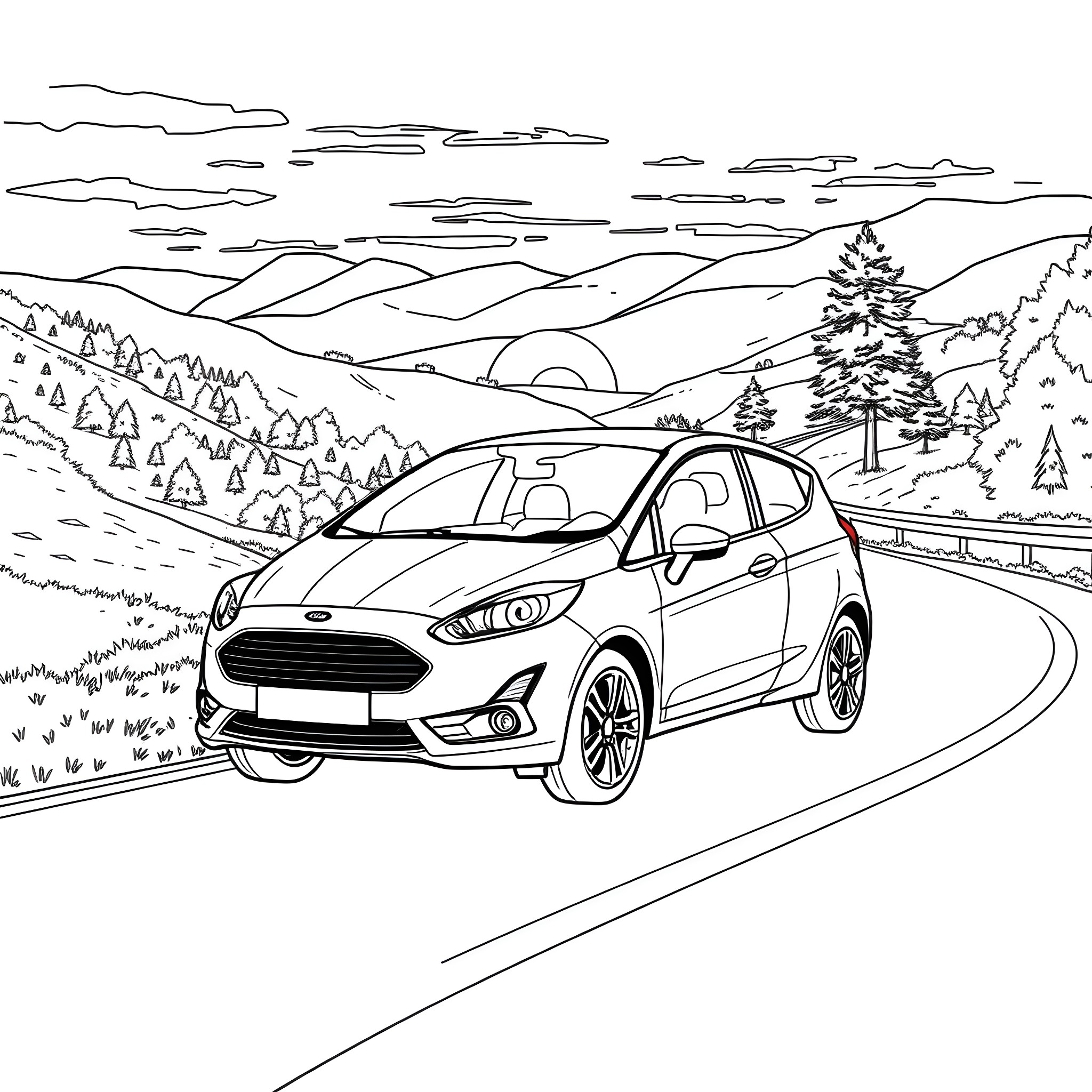 Ford Fiesta driving through scenic mountain landscape Coloring Page (free black-and-white line drawing printable PDF for all, from beginners to advanced learners, including children, teens, adults, and seniors)