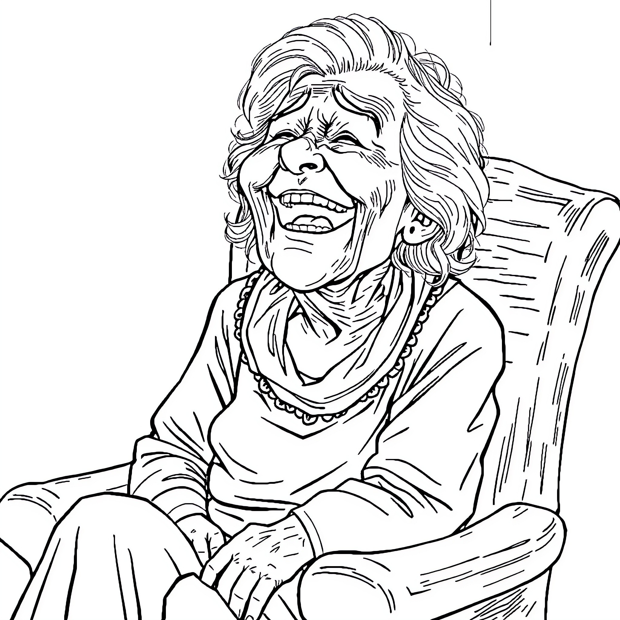 Woman with long, curly hair expressing joy Coloring Page (free black-and-white line drawing printable PDF for all, from beginners to advanced learners, including children, teens, adults, and seniors)