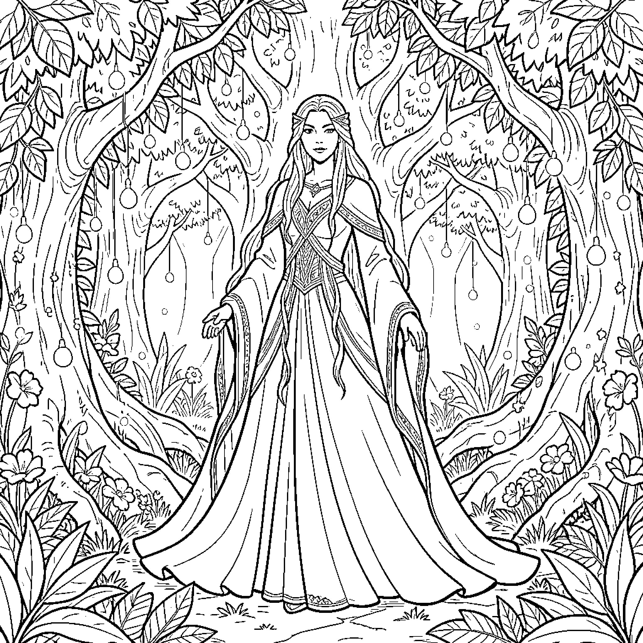 Lady Galadriel in a magical forest Coloring Page (free black-and-white line drawing printable PDF for all, from beginners to advanced learners, including children, teens, adults, and seniors)