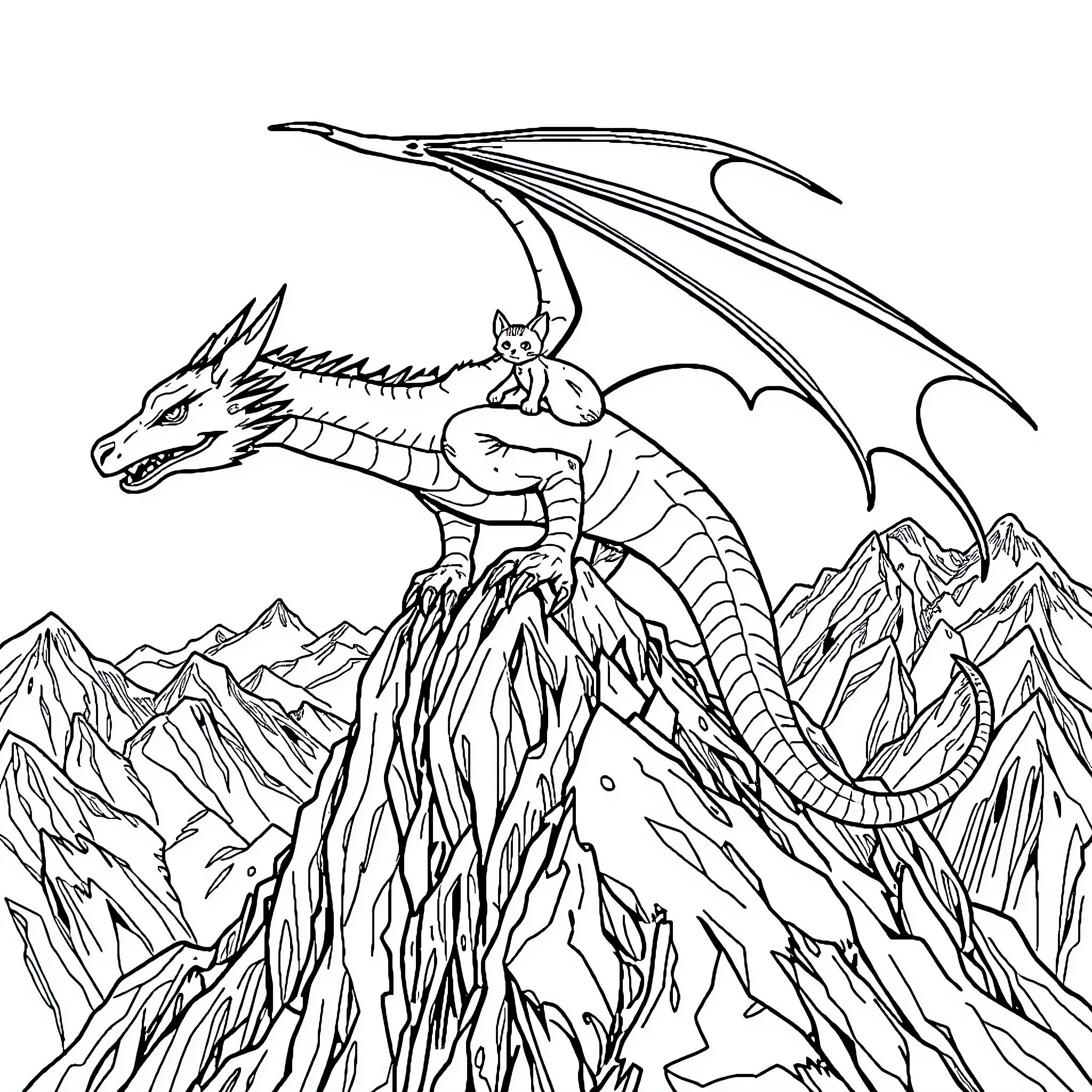 Cat Dragon on a Mountainous Landscape Coloring Page (free black-and-white line drawing printable PDF for all, from beginners to advanced learners, including children, teens, adults, and seniors)