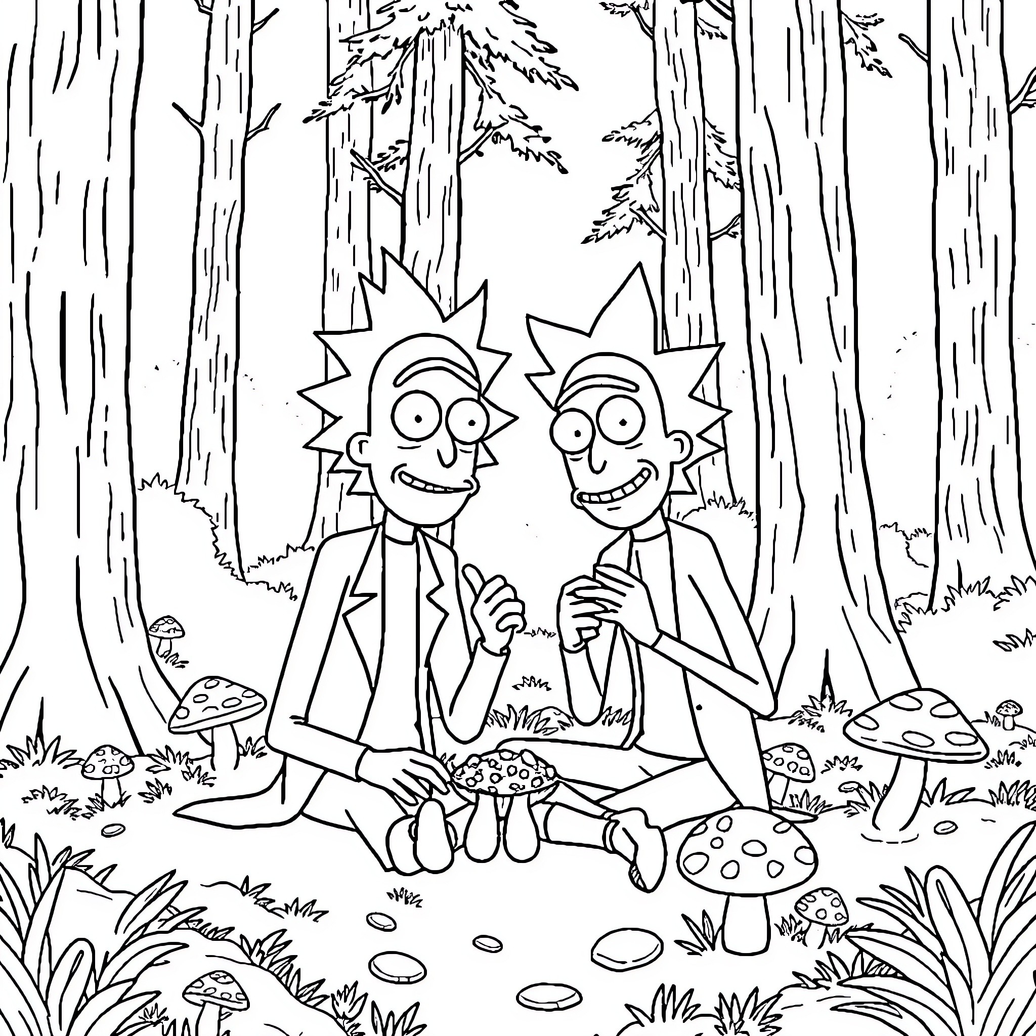 Rick And Morty in the mystical forest Coloring Page (free black-and-white line drawing printable PDF for all, from beginners to advanced learners, including children, teens, adults, and seniors)