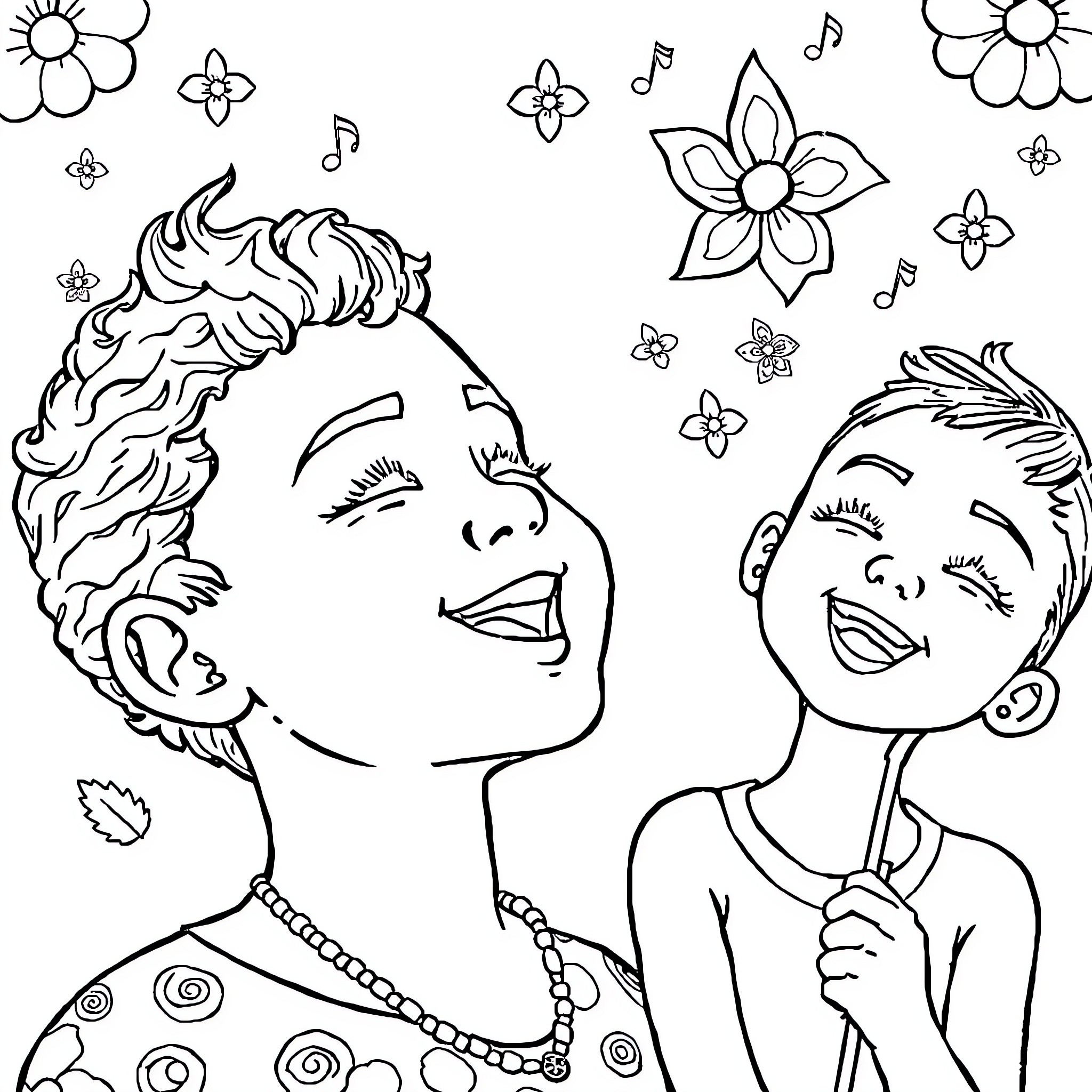 Ezequías' Joyful Celebration with Music and Flowers Coloring Page (free black-and-white line drawing printable PDF for all, from beginners to advanced learners, including children, teens, adults, and seniors)