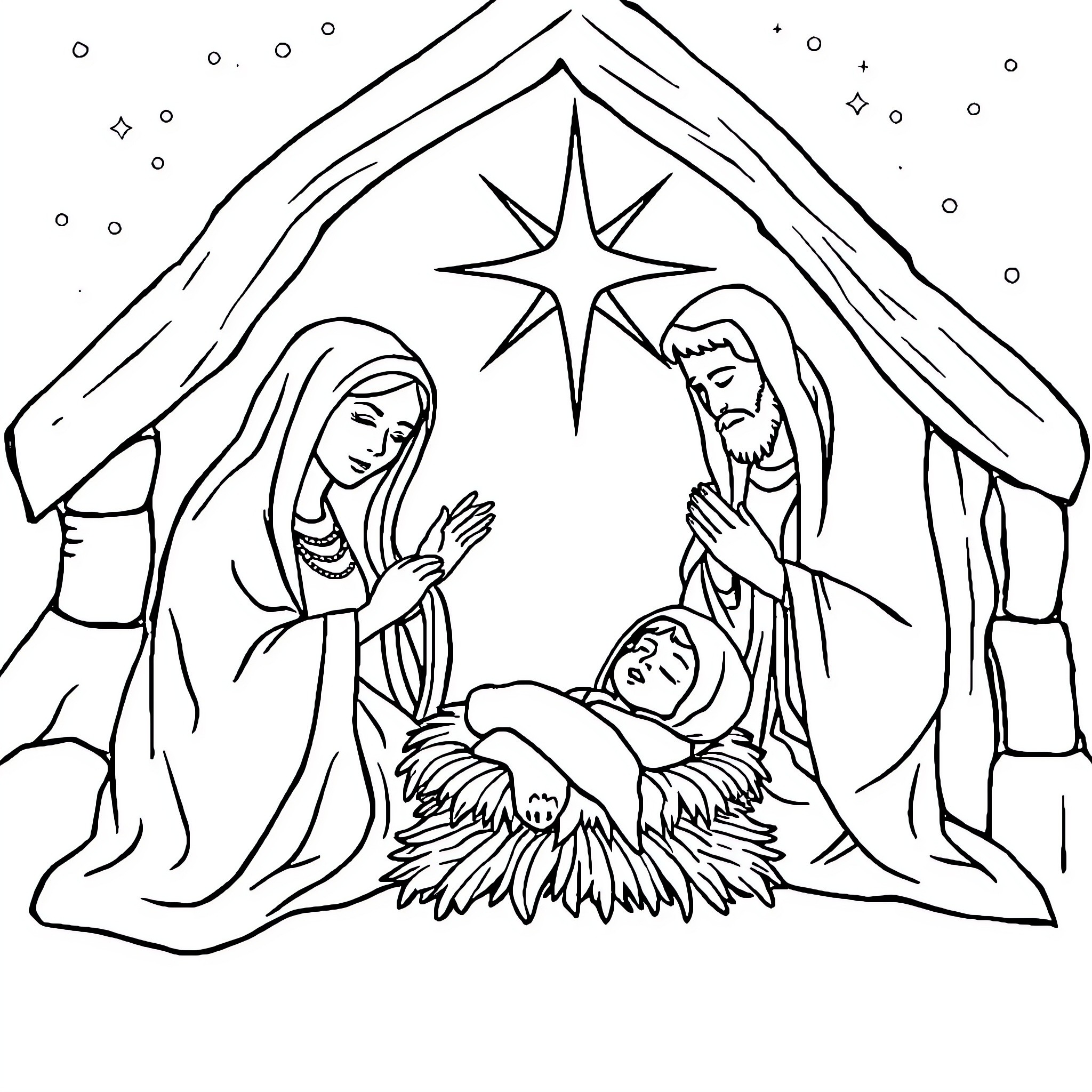Nativity scene with holy family and star Coloring Page (free black-and-white line drawing printable PDF for all, from beginners to advanced learners, including children, teens, adults, and seniors)