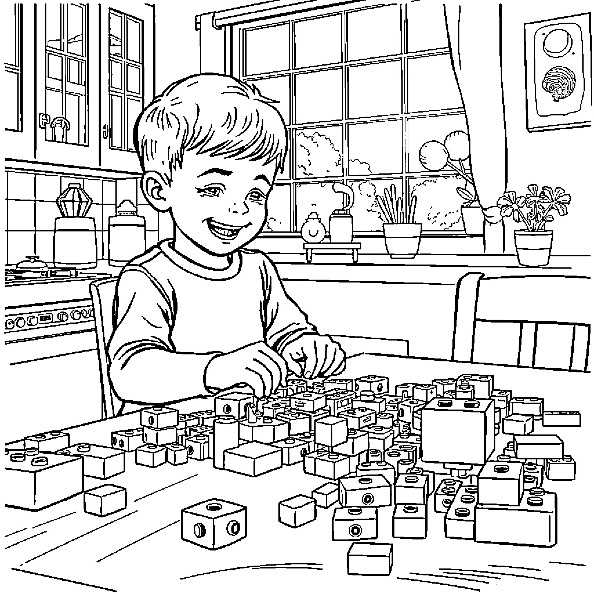 Kid playing with building blocks in kitchen Coloring Page (free black-and-white line drawing printable PDF for all, from beginners to advanced learners, including children, teens, adults, and seniors)