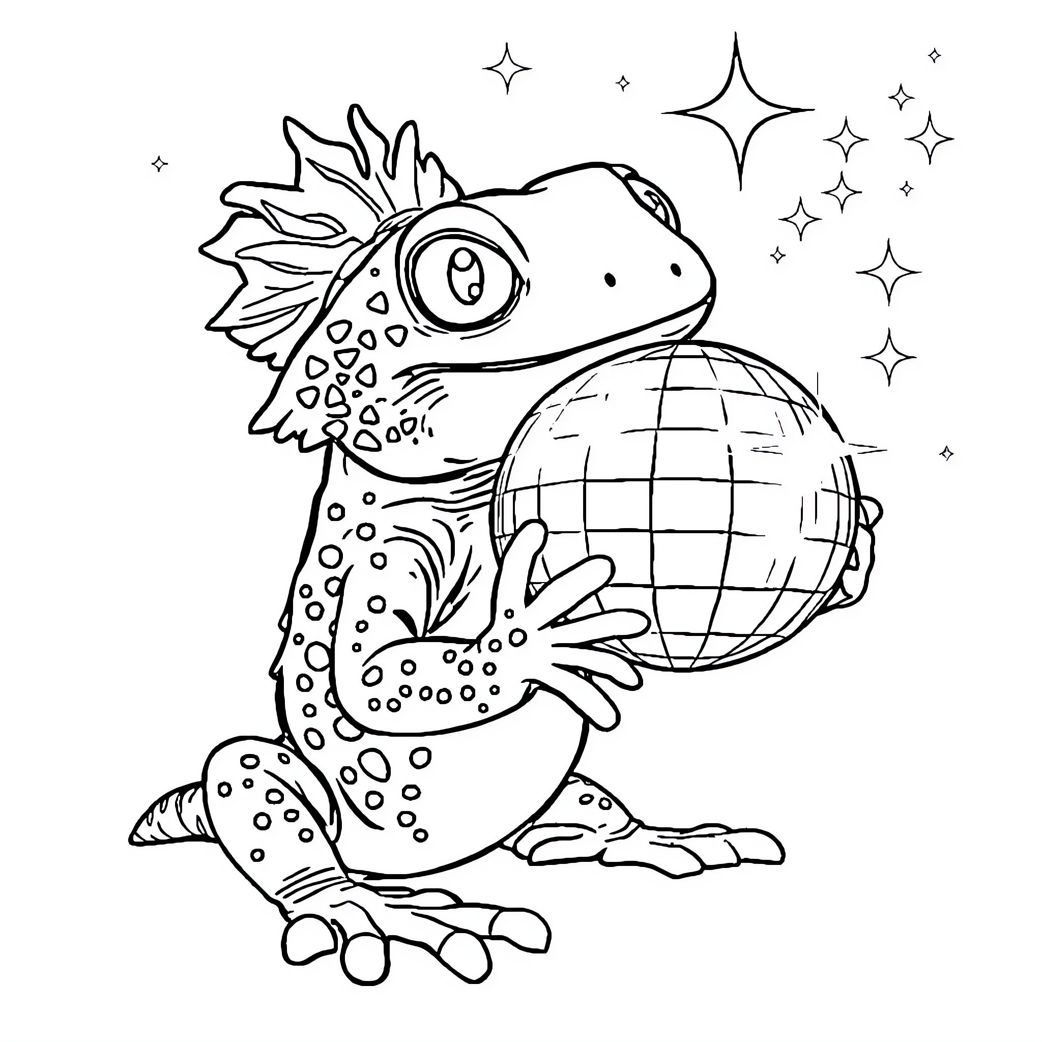 Crested Gecko exploring the galaxy Coloring Page (free black-and-white line drawing printable PDF for all, from beginners to advanced learners, including children, teens, adults, and seniors)